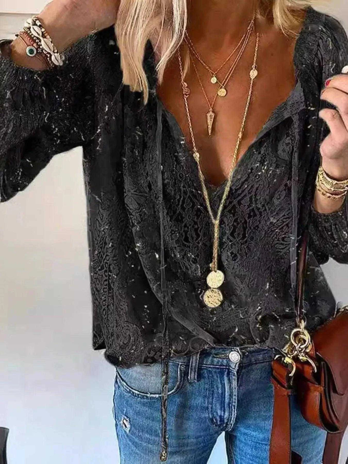 Lace Tie-Neck Blouse Luxe Curves Plus Size Fashion