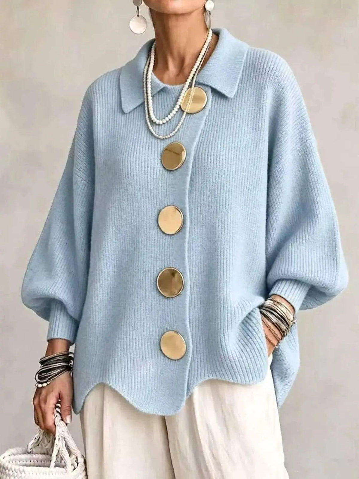 Full Size Gold Buttons Lantern Sleeve Cardigan Plus Size Luxe Curves Plus Size Fashion