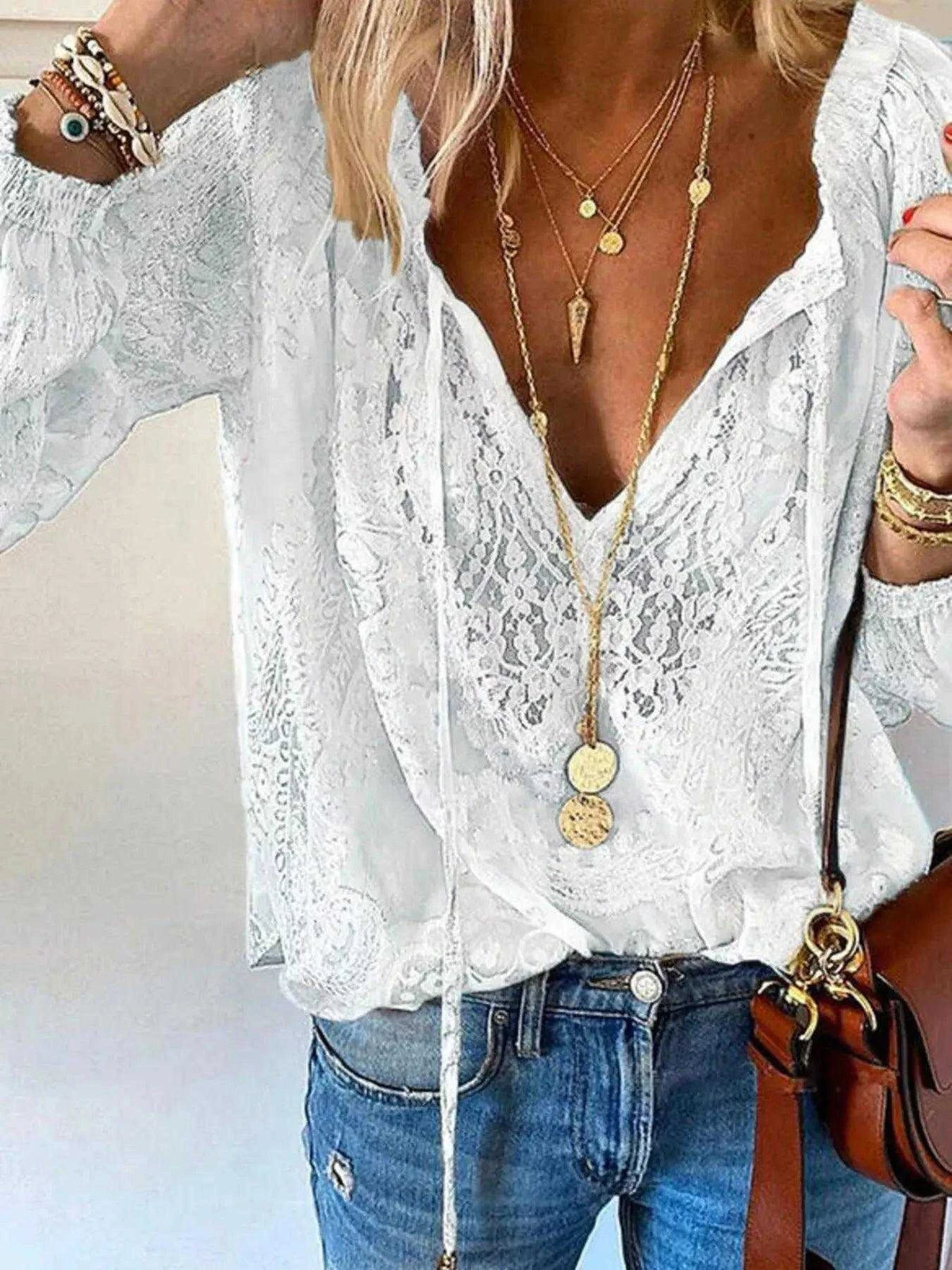 Lace Tie-Neck Blouse Luxe Curves Plus Size Fashion