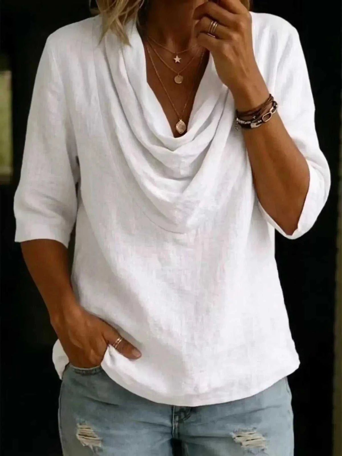 Full Size Cowl Neck top in white polyester with 3/4 sleeves and a relaxed, draped neckline