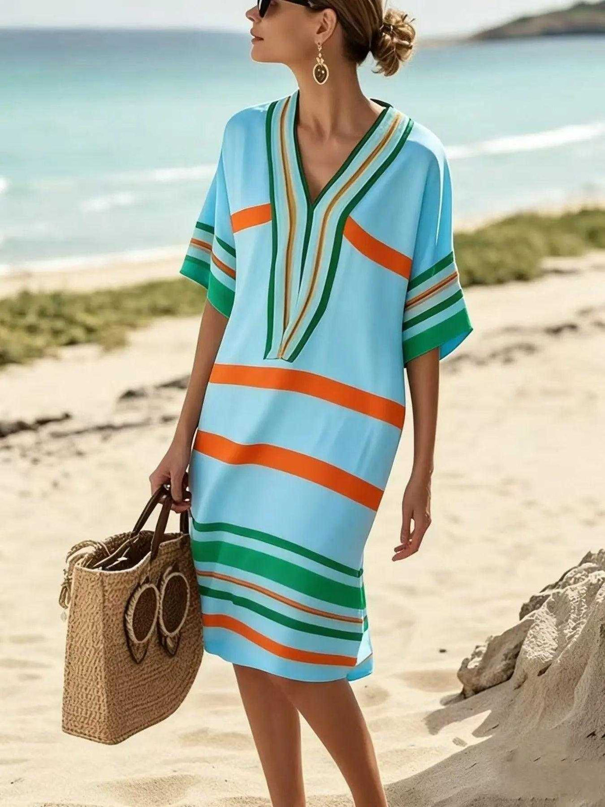 Full Size Striped Half Sleeve Midi Dress Plus Size Luxe Curves Plus Size Fashion