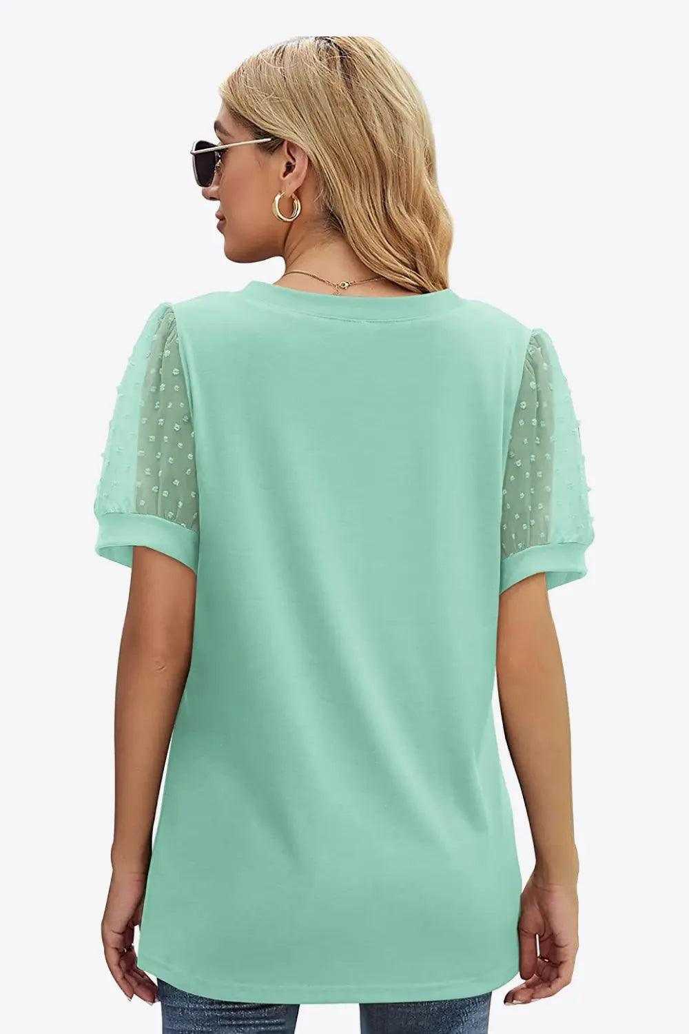 Swiss Dot Puff Sleeve V-Neck Tee Luxe Curves Plus Size Fashion