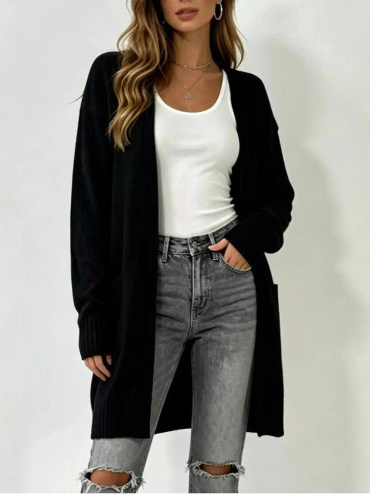 Full Size Open-Front Longline Knit Cardigan Plus Size Luxe Curves Plus Size Fashion