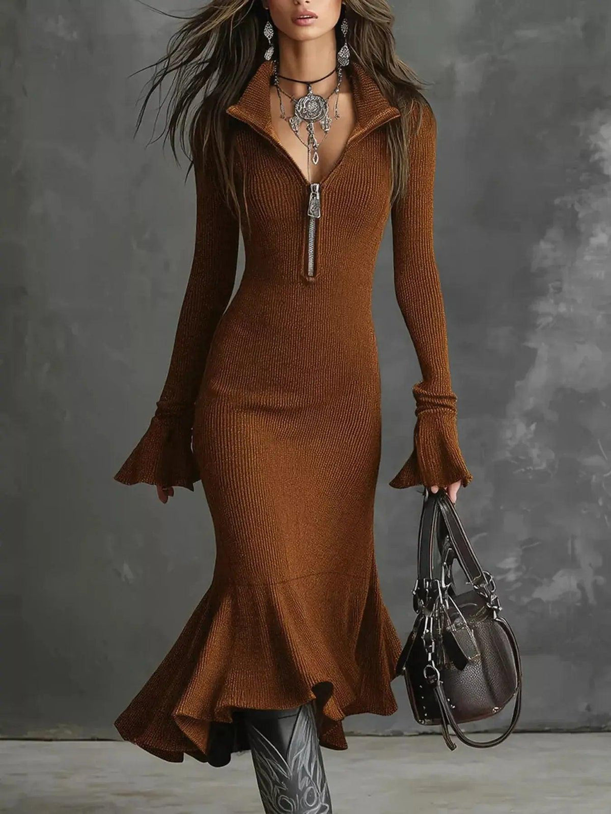 Full Size Quarter-Zip Mermaid Hem Knit Dress Plus Size Luxe Curves Plus Size Fashion