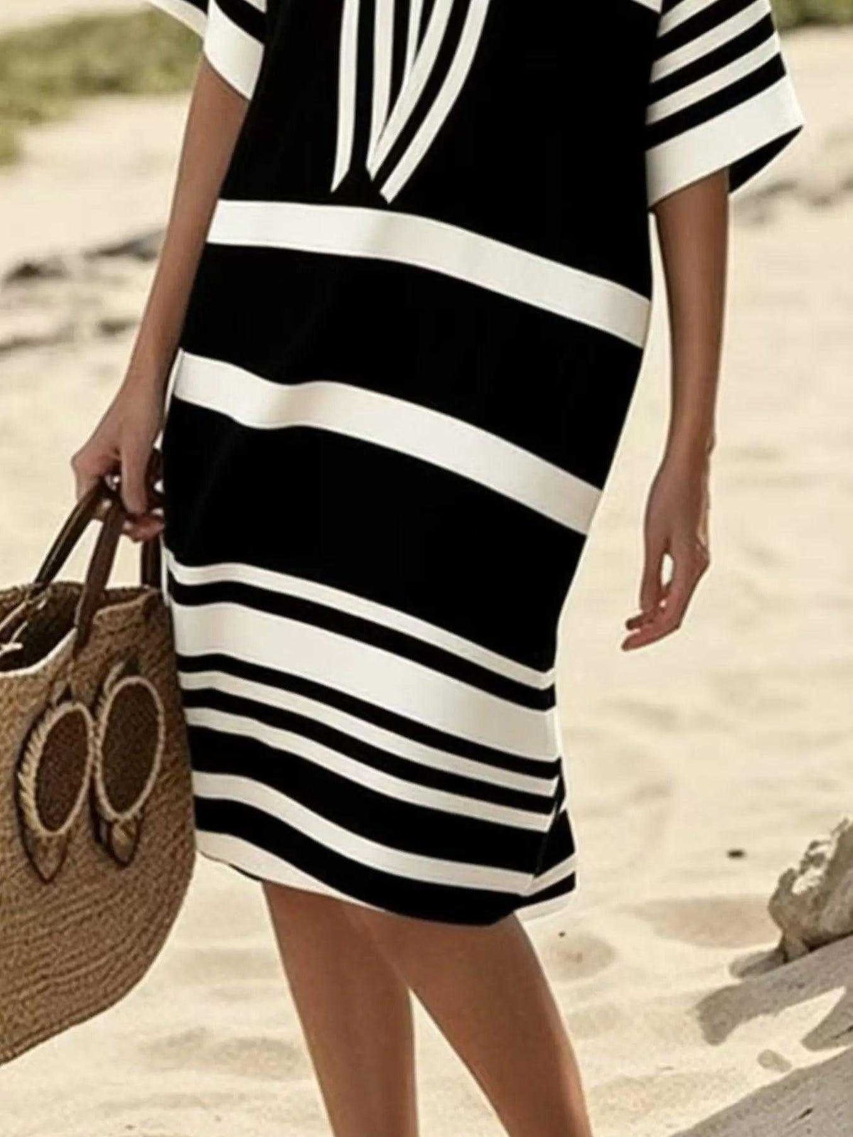 Full Size Striped Half Sleeve Midi Dress Plus Size Luxe Curves Plus Size Fashion