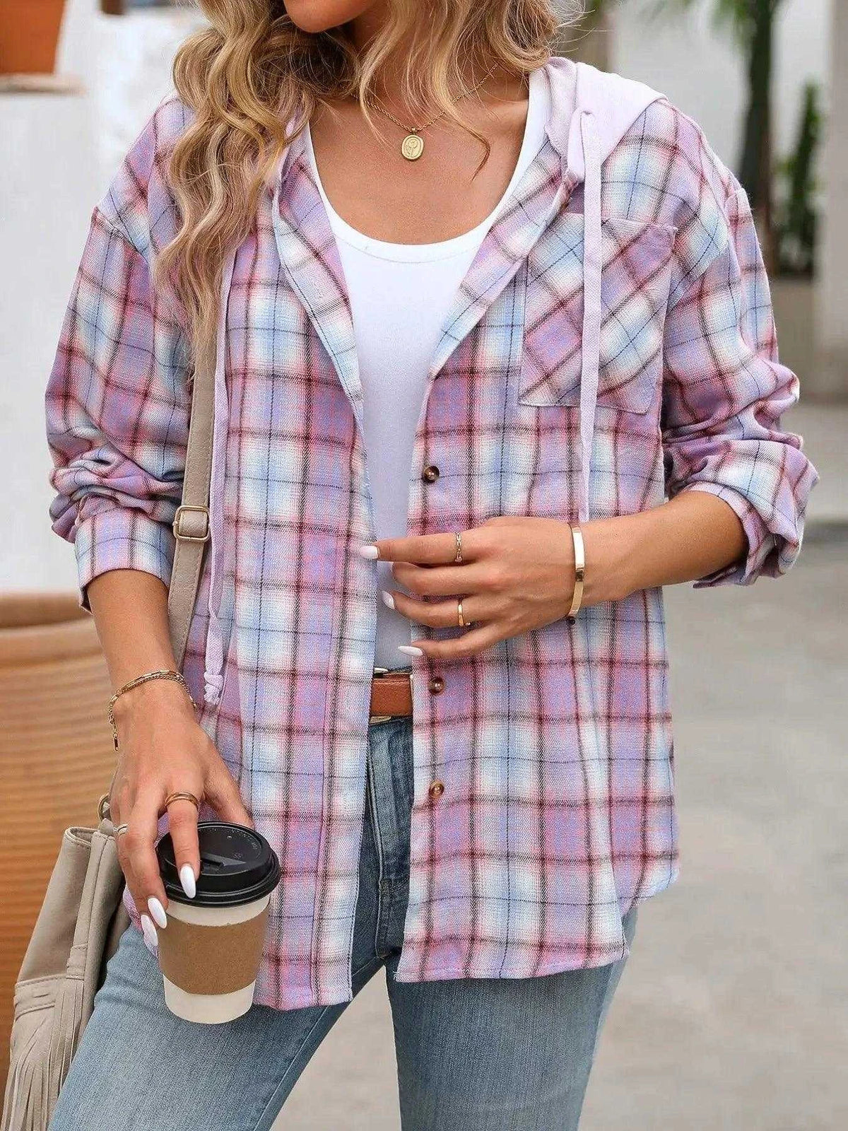 Plaid Button-Up Hooded Shirt with Chest Pocket Luxe Curves Plus Size Fashion