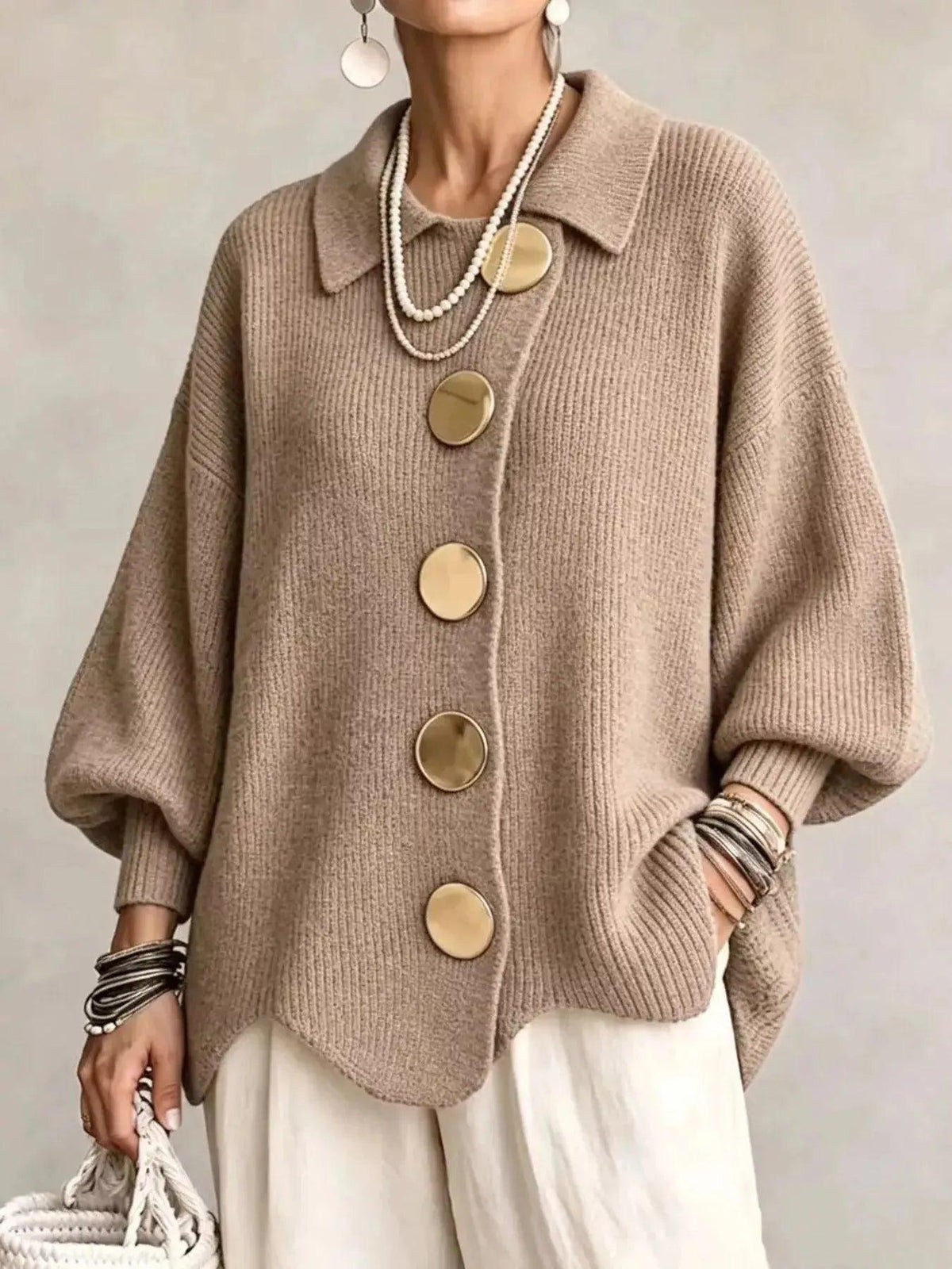 Full Size Gold Buttons Lantern Sleeve Cardigan Plus Size Luxe Curves Plus Size Fashion