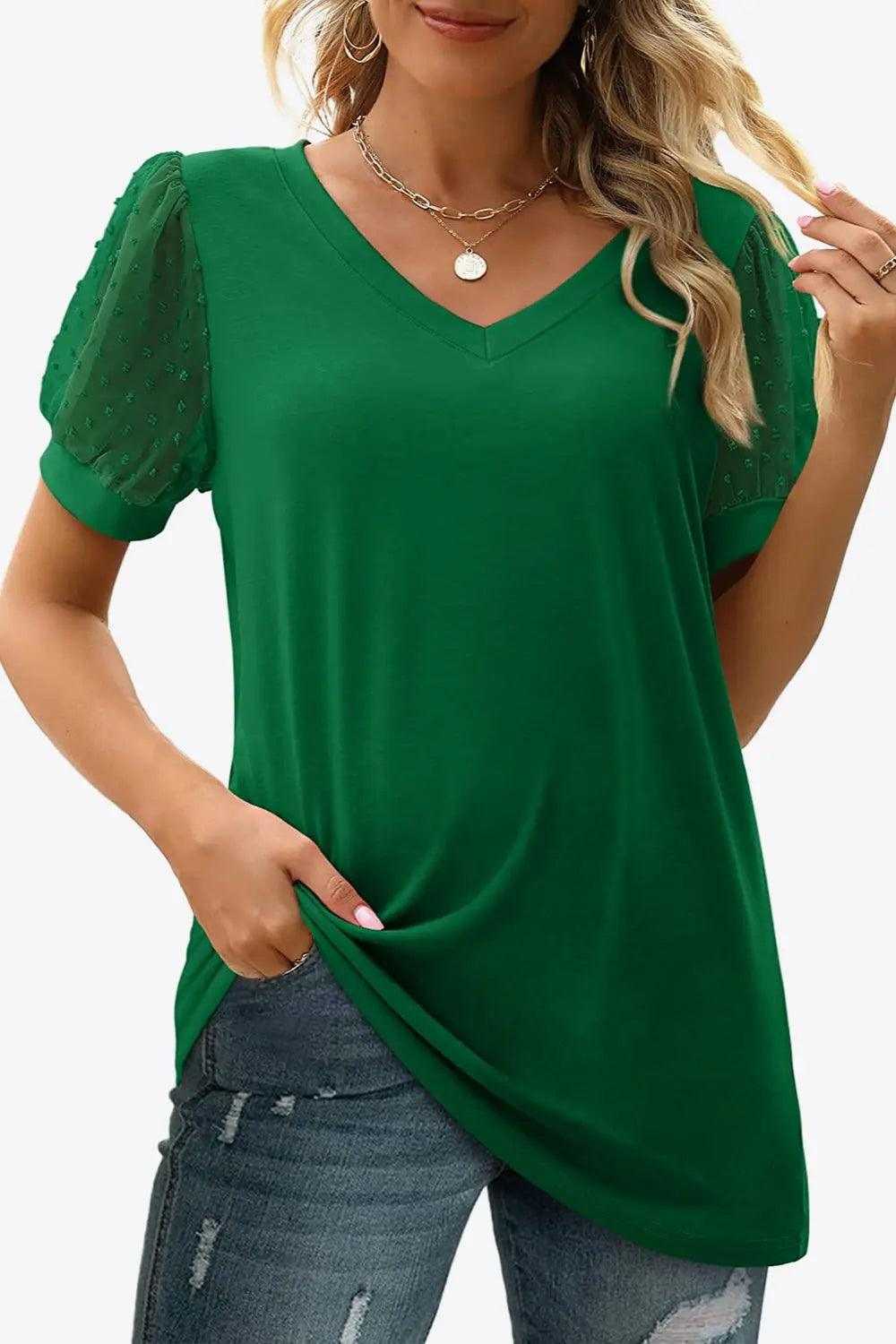 Swiss Dot Puff Sleeve V-Neck Tee Luxe Curves Plus Size Fashion