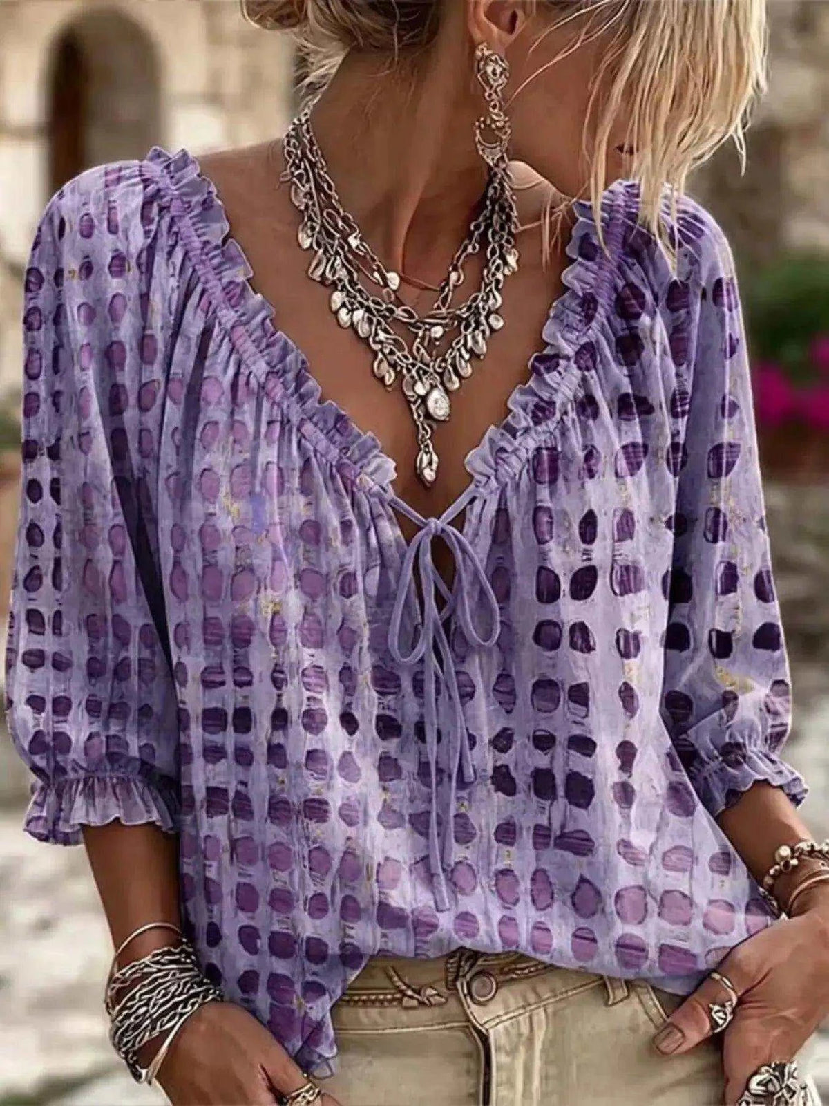 Full Size Tie Neck 3/4 Sleeve Blouse Plus Size Luxe Curves Plus Size Fashion