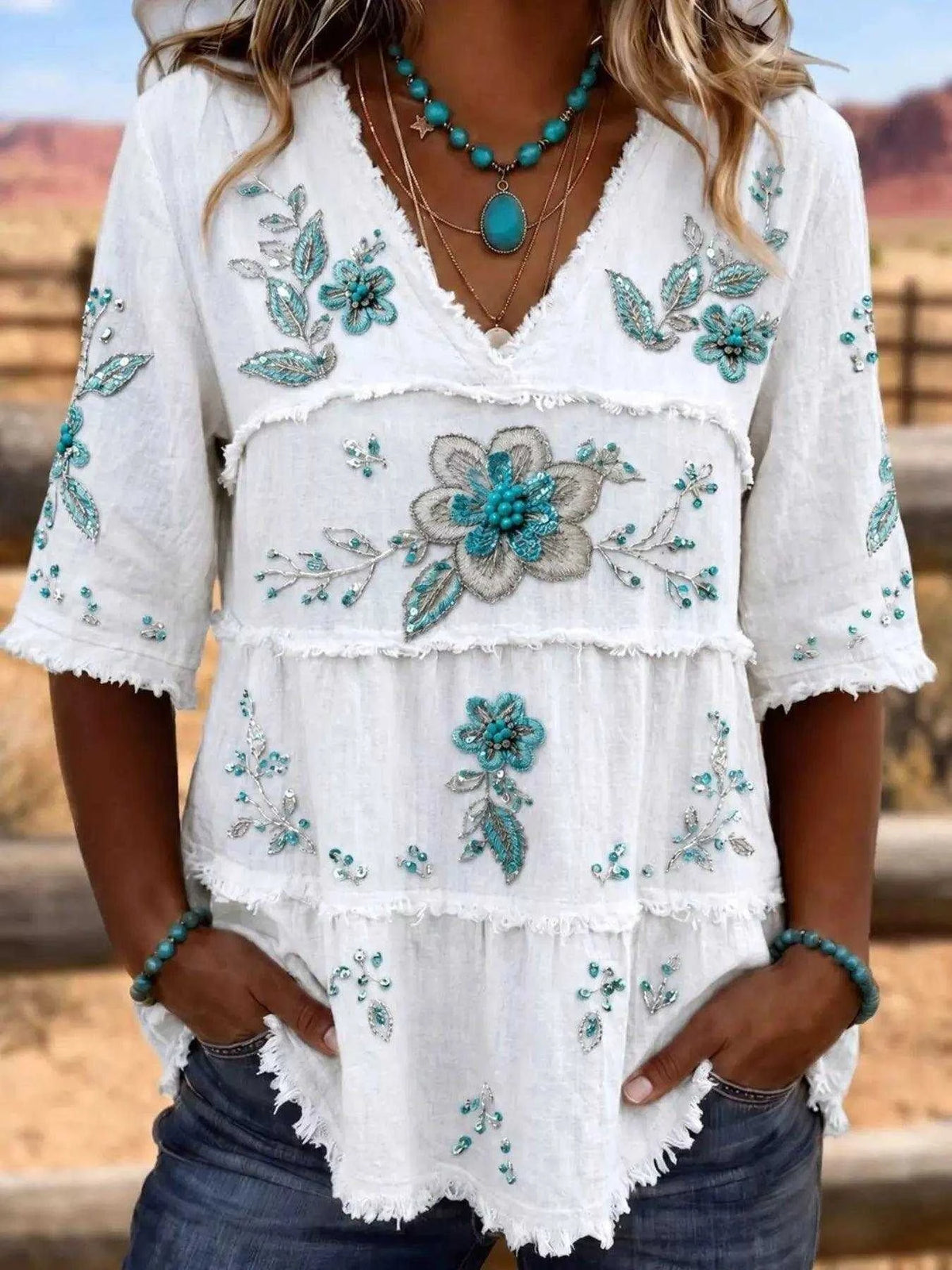 Full Size Floral Raw Hem V-Neck Blouse Plus Size Luxe Curves Plus Size Fashion