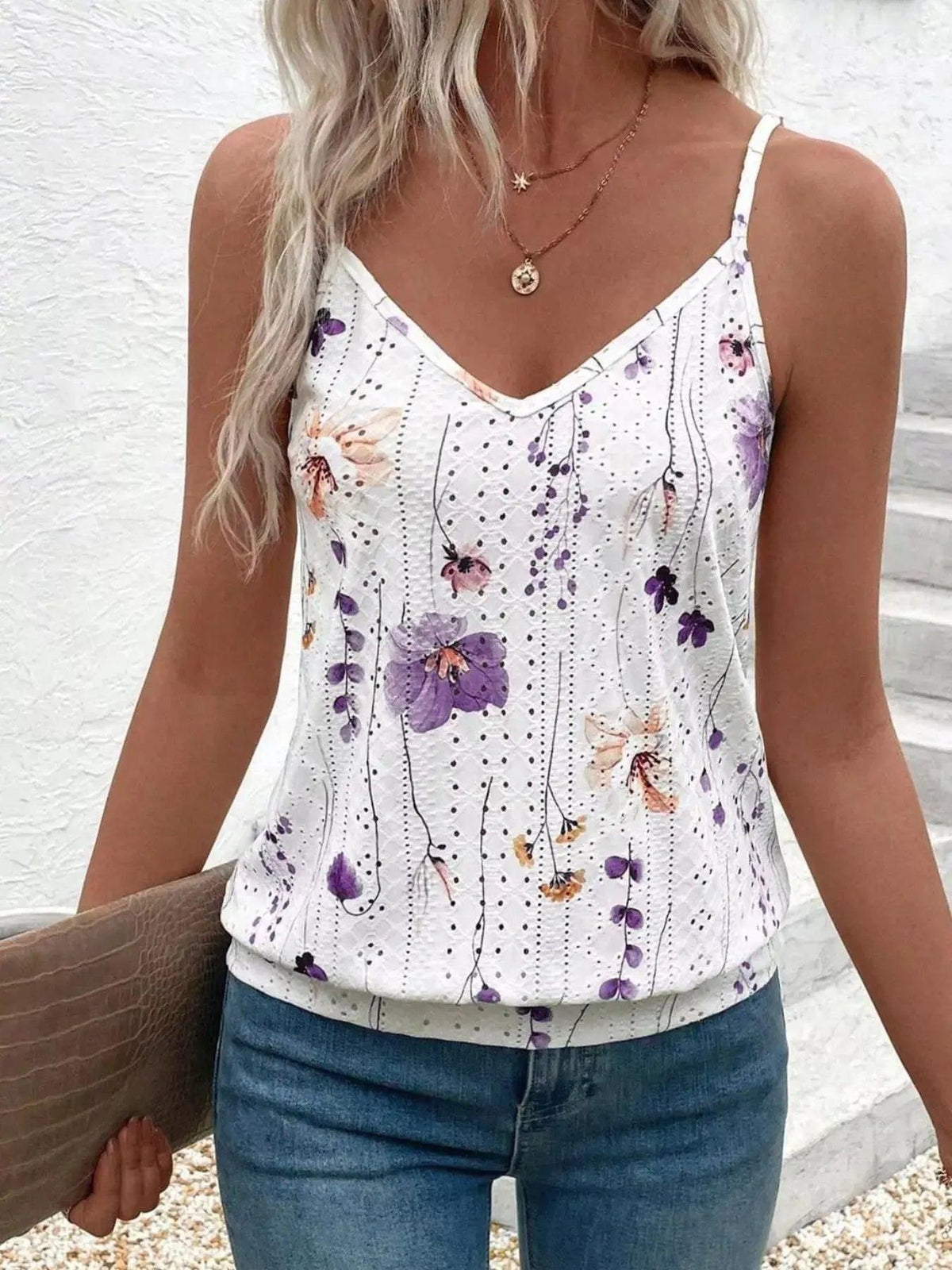 Floral Print V-Neck Casual Cami Luxe Curves Plus Size Fashion