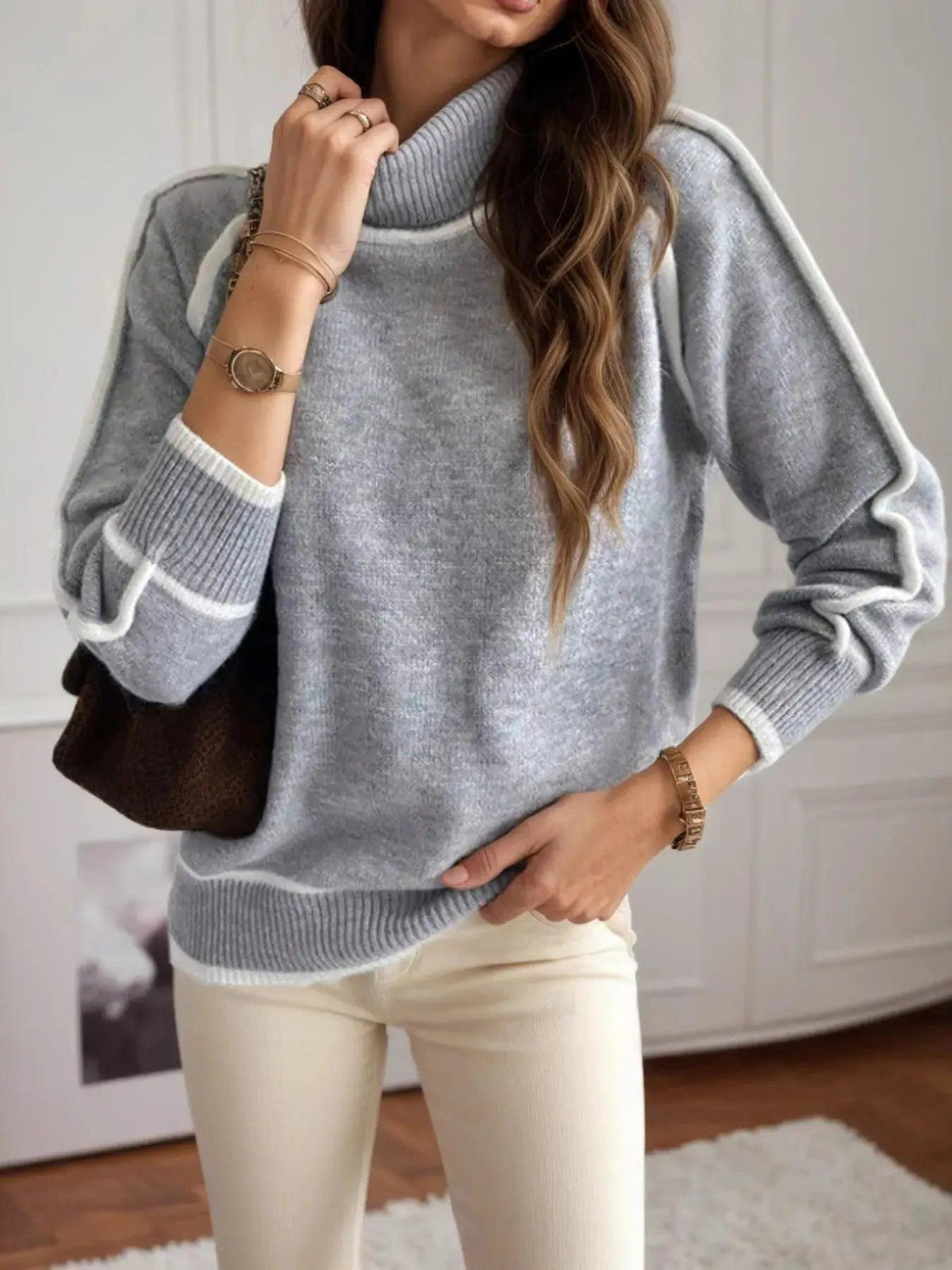 Turtleneck Contrast Trim Sweater with Ribbed Details Luxe Curves Plus Size Fashion