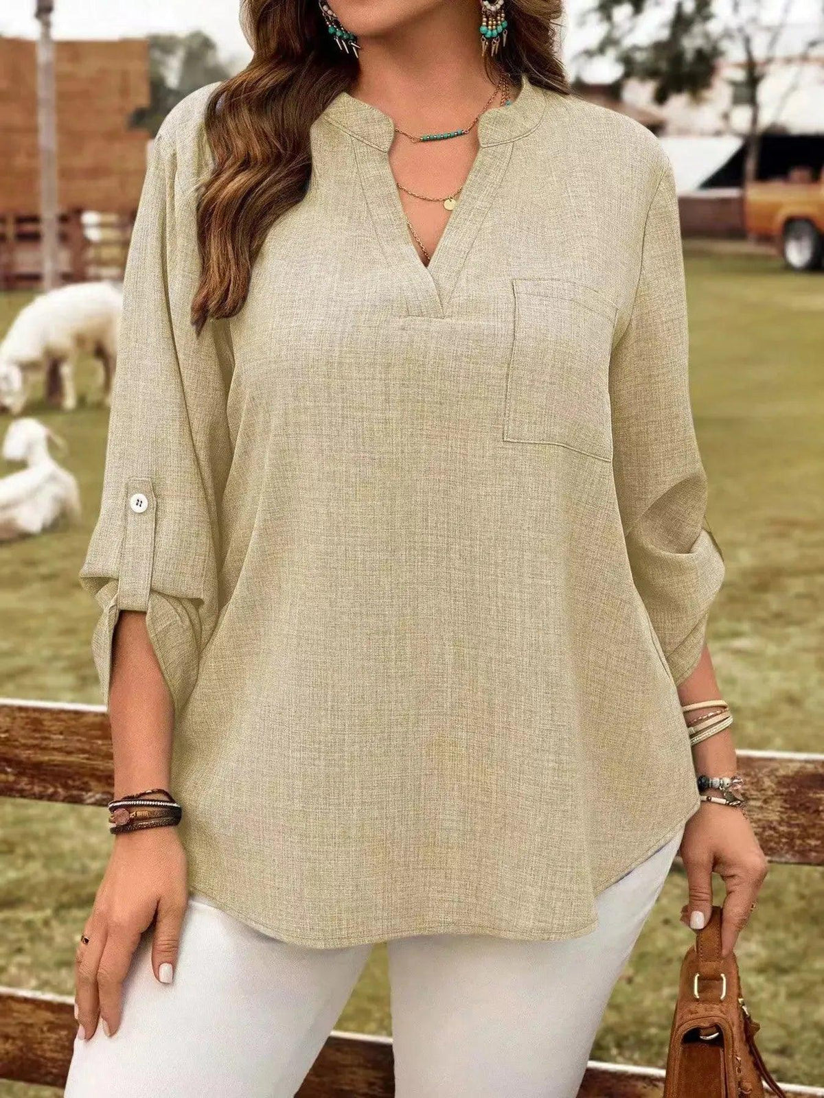 Plus Size Notched Roll-Tab Sleeve Casual Blouse Luxe Curves Plus Size Fashion