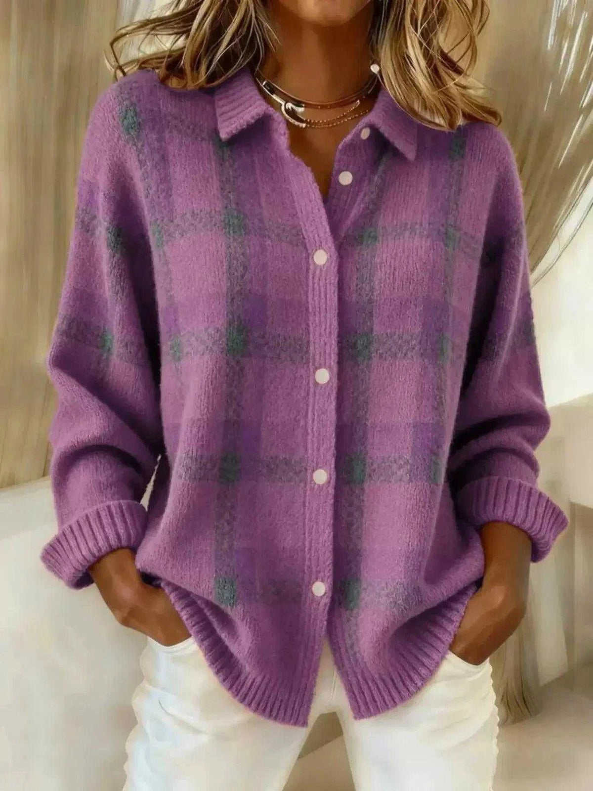 Full Size Plaid Button-Down Knit Cardigan Plus Size Luxe Curves Plus Size Fashion
