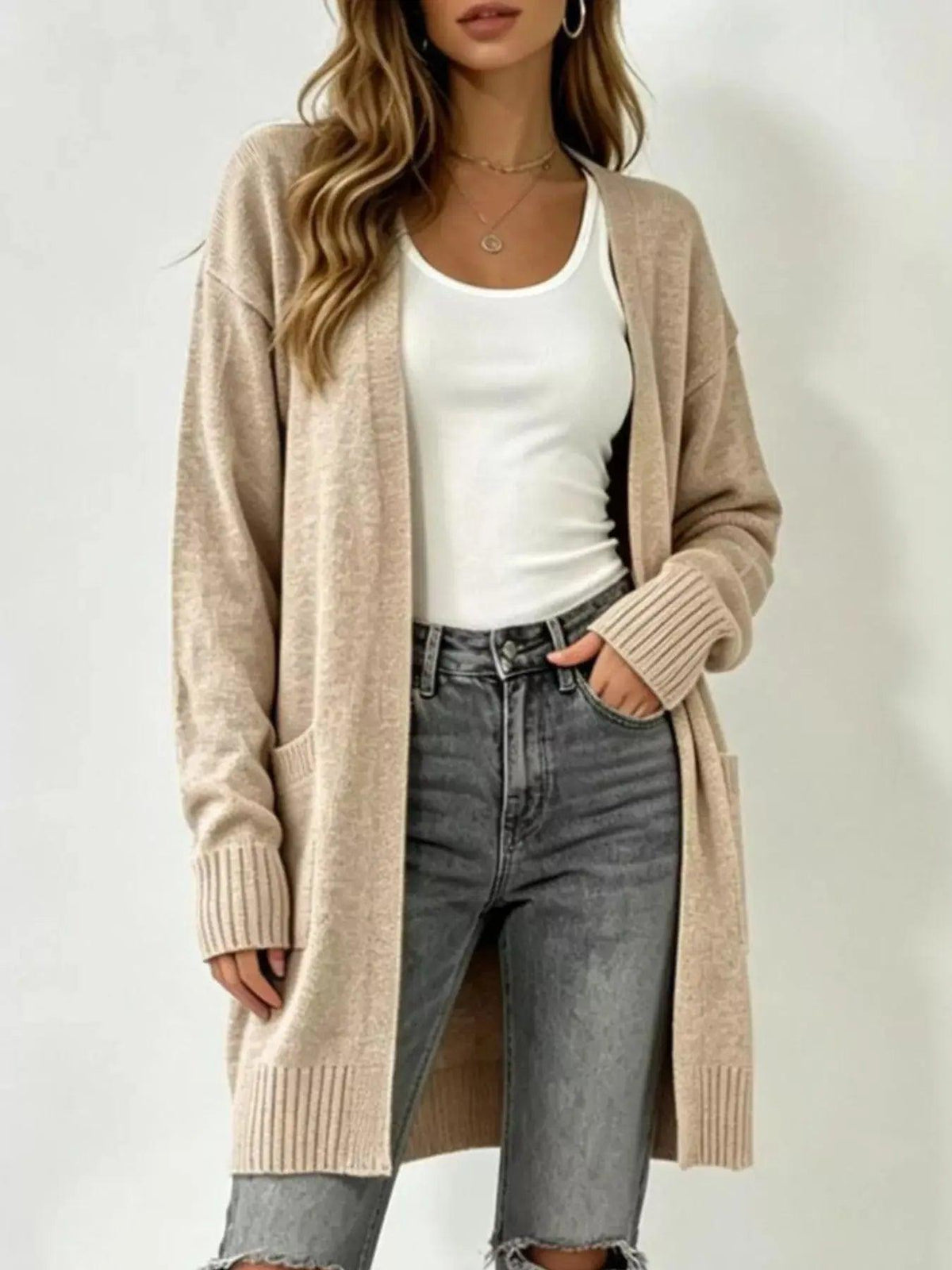 Full Size Open-Front Longline Knit Cardigan Plus Size Luxe Curves Plus Size Fashion