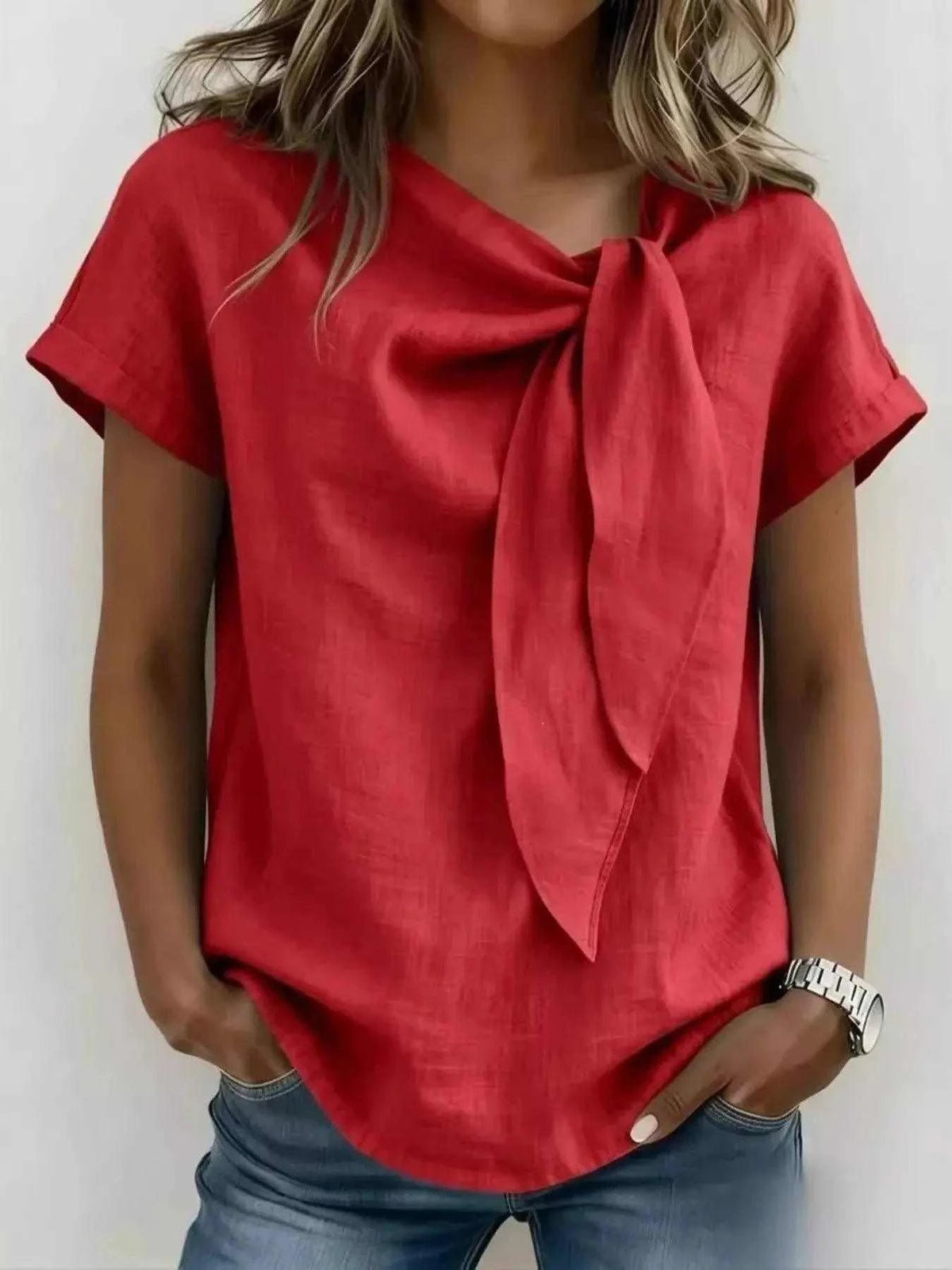 Full Size Bow Tie Neck Short Sleeve Blouse Plus Size Luxe Curves Plus Size Fashion