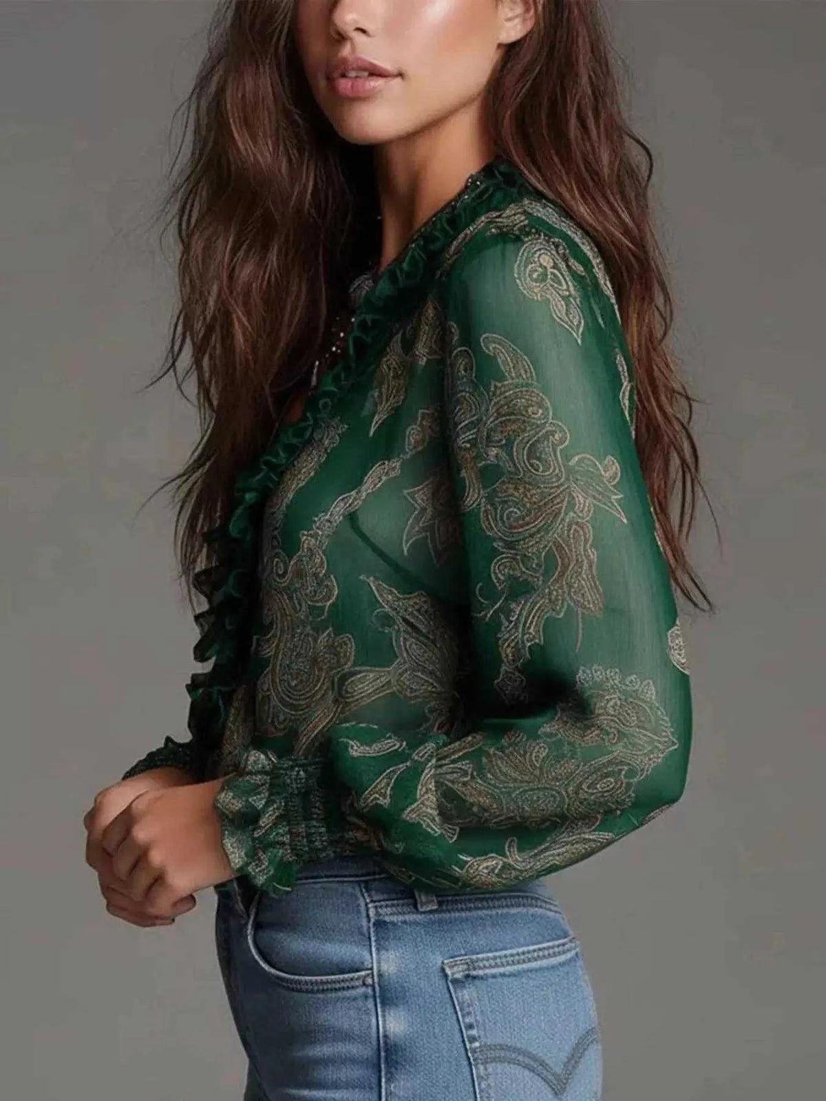 Full Size Paisley Print Ruffle Trim Zip-Front Blouse Plus Size Luxe Curves Plus Size Fashion