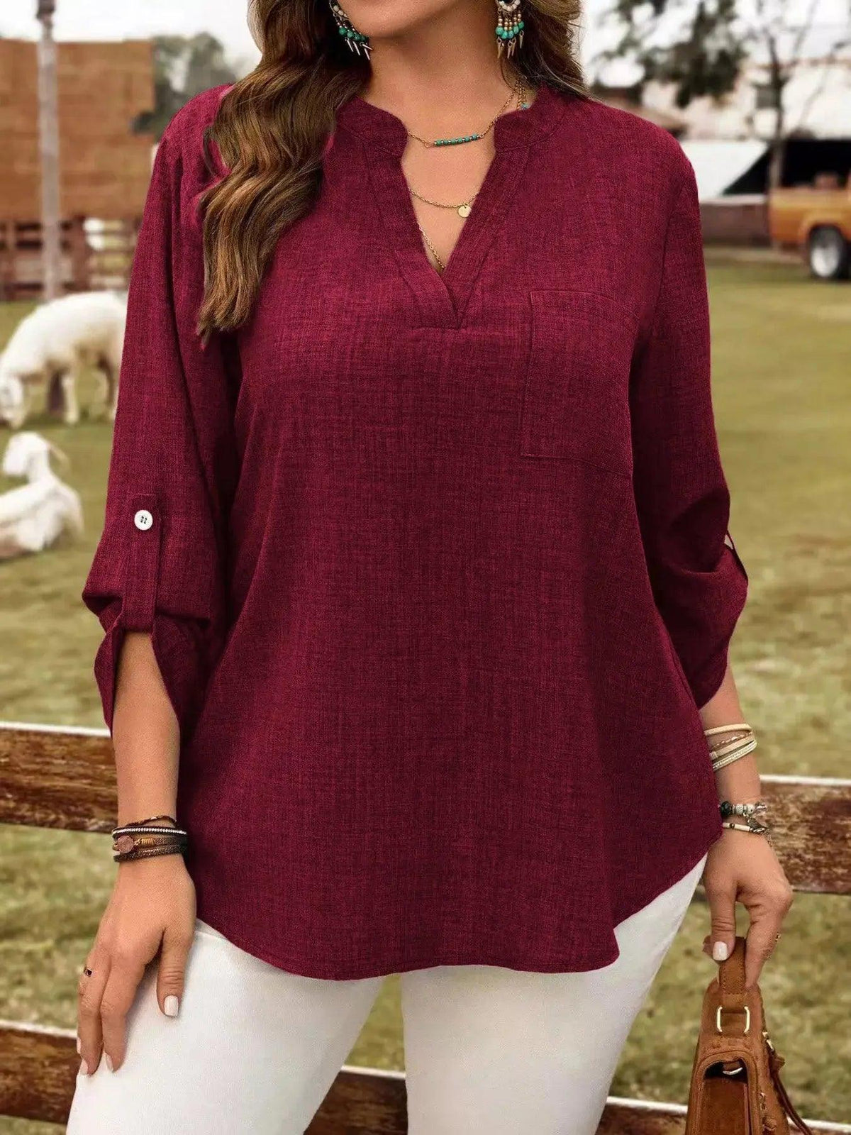 Plus Size Notched Roll-Tab Sleeve Casual Blouse Luxe Curves Plus Size Fashion
