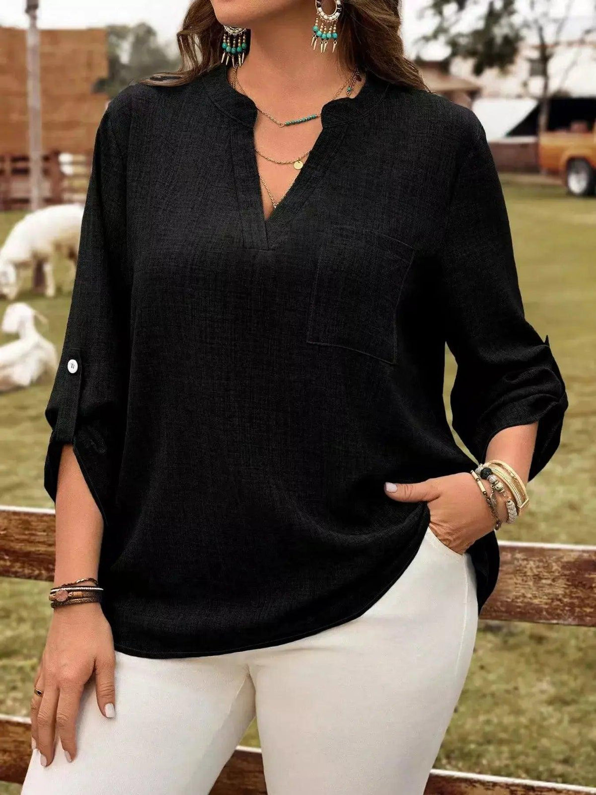 Plus Size Notched Roll-Tab Sleeve Casual Blouse Luxe Curves Plus Size Fashion