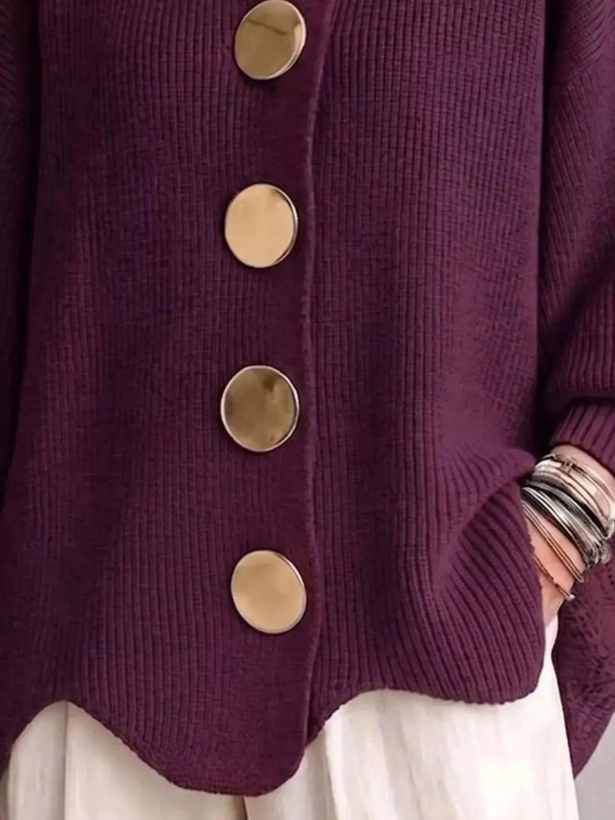 Full Size Gold Buttons Lantern Sleeve Cardigan Plus Size Luxe Curves Plus Size Fashion