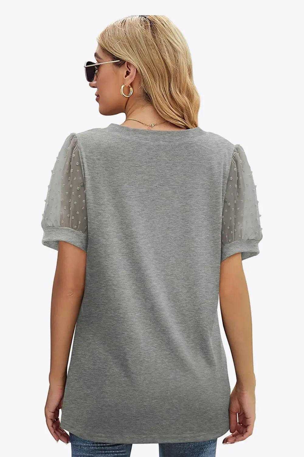 Swiss Dot Puff Sleeve V-Neck Tee Luxe Curves Plus Size Fashion