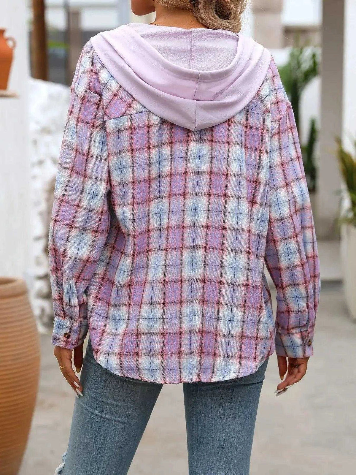 Plaid Button-Up Hooded Shirt with Chest Pocket Luxe Curves Plus Size Fashion