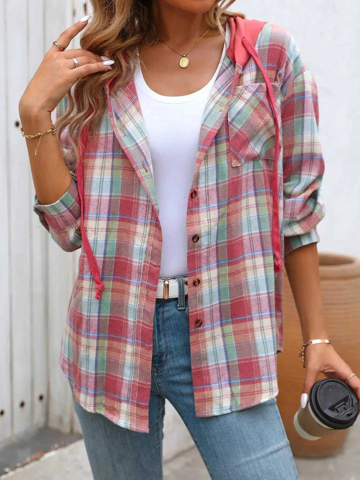 Plaid Button-Up Hooded Shirt with Chest Pocket Luxe Curves Plus Size Fashion