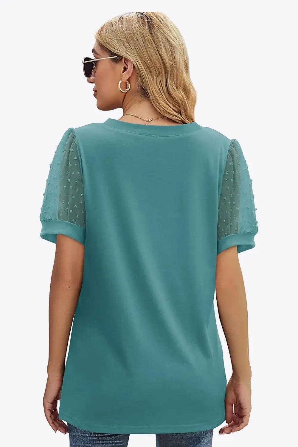 Swiss Dot Puff Sleeve V-Neck Tee Luxe Curves Plus Size Fashion
