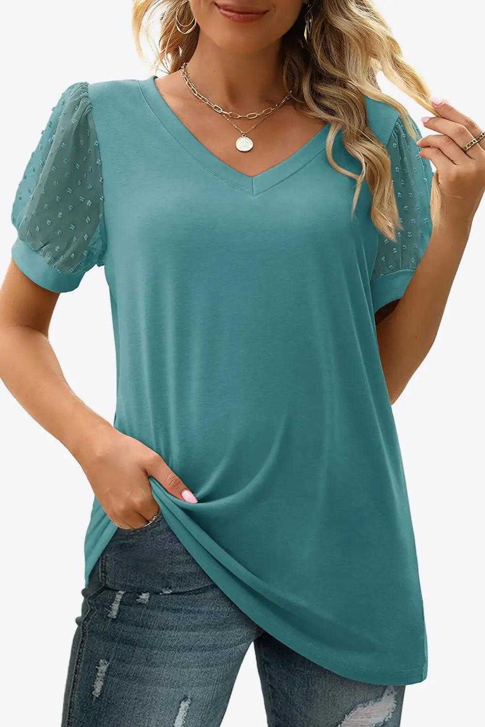Swiss Dot Puff Sleeve V-Neck Tee Luxe Curves Plus Size Fashion