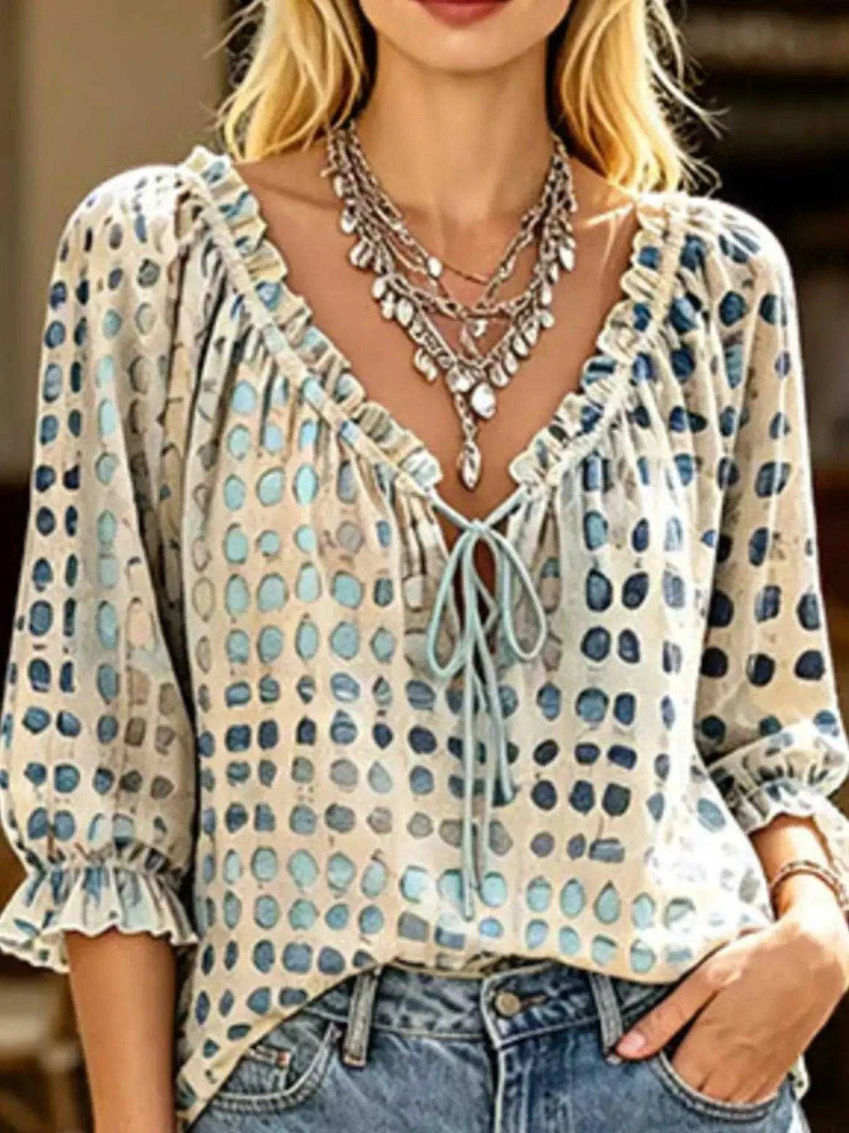 Full Size Tie Neck 3/4 Sleeve Blouse Plus Size Luxe Curves Plus Size Fashion