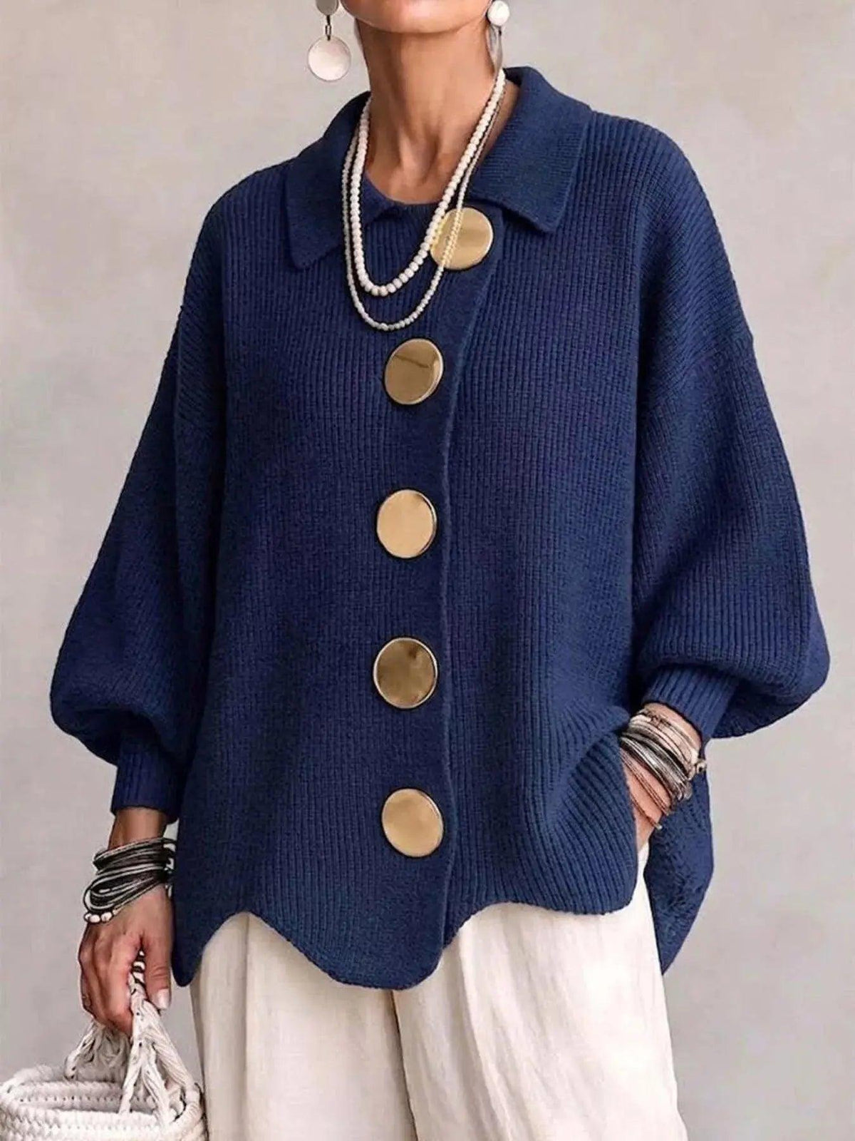 Full Size Gold Buttons Lantern Sleeve Cardigan Plus Size Luxe Curves Plus Size Fashion
