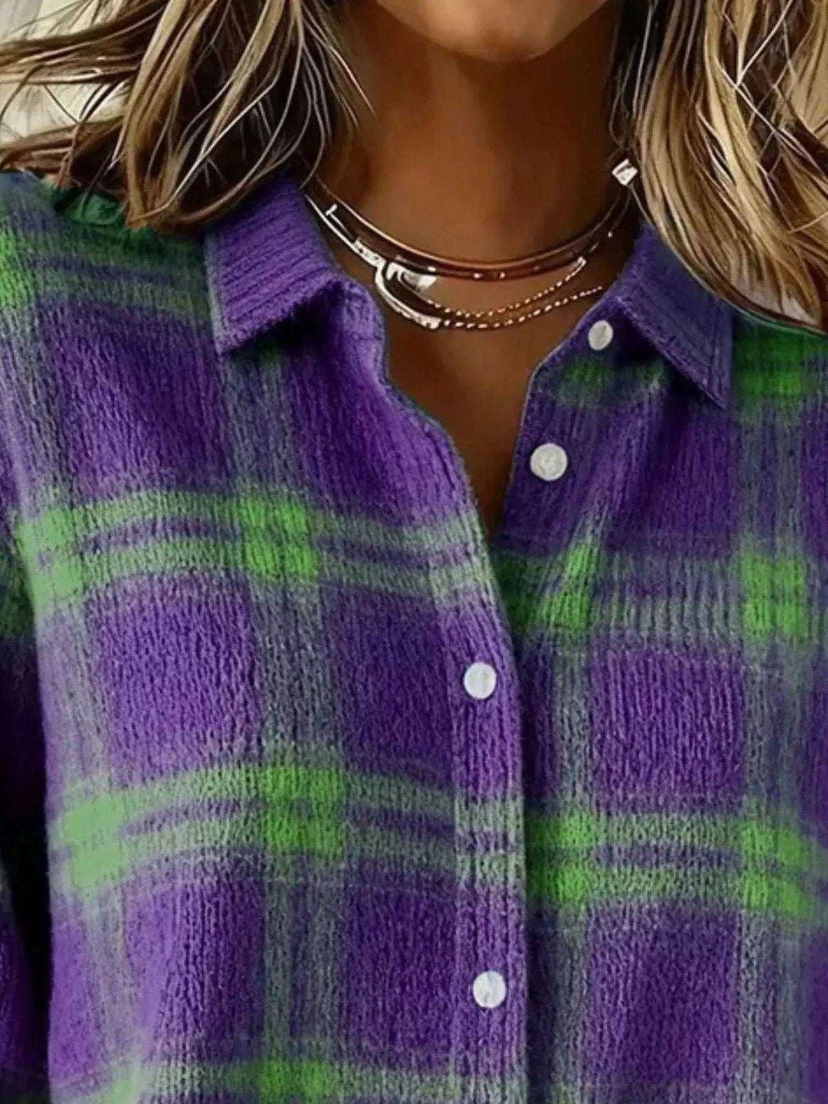 Full Size Plaid Button-Down Knit Cardigan Plus Size Luxe Curves Plus Size Fashion