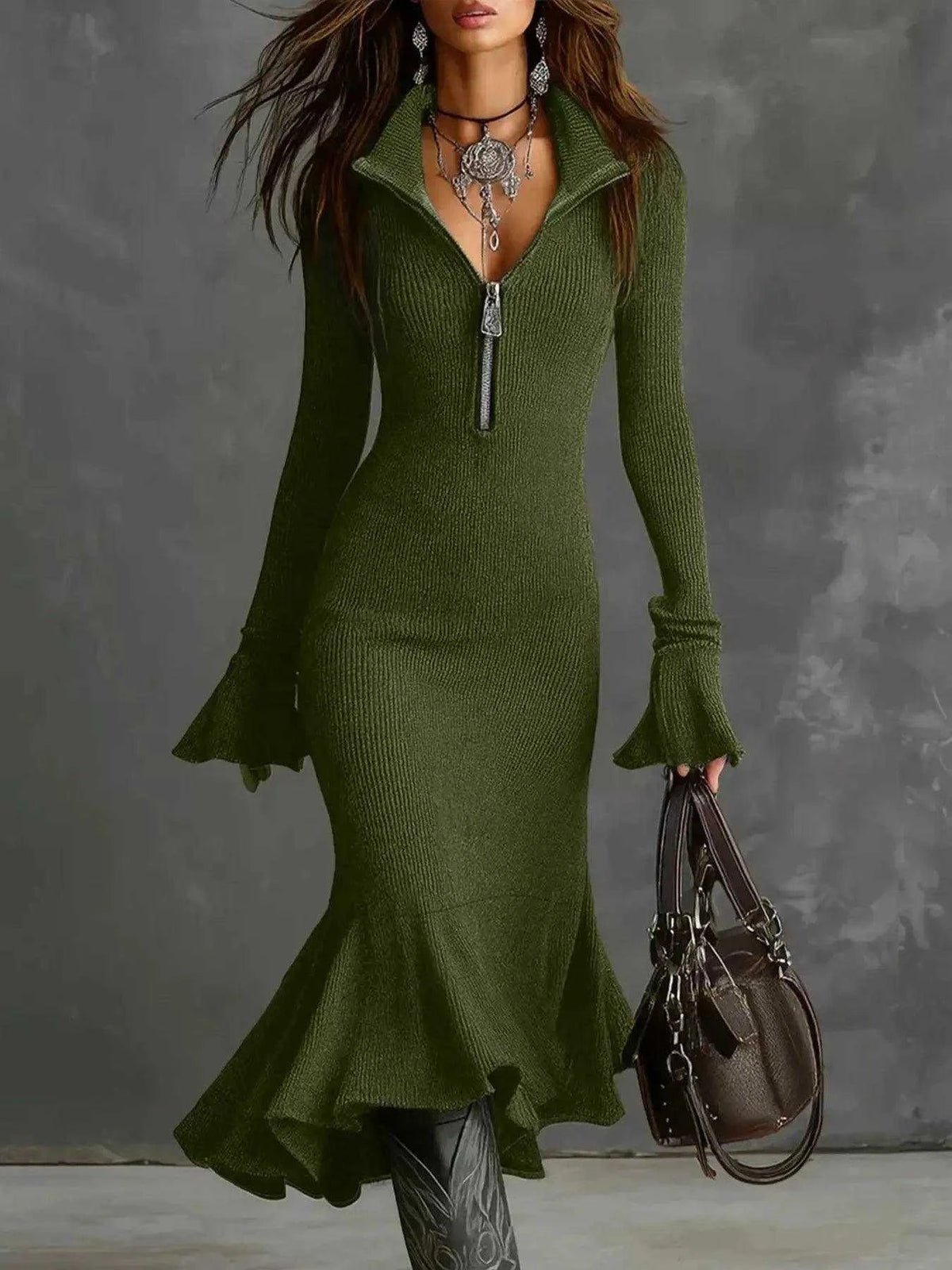 Full Size Quarter-Zip Mermaid Hem Knit Dress Plus Size Luxe Curves Plus Size Fashion