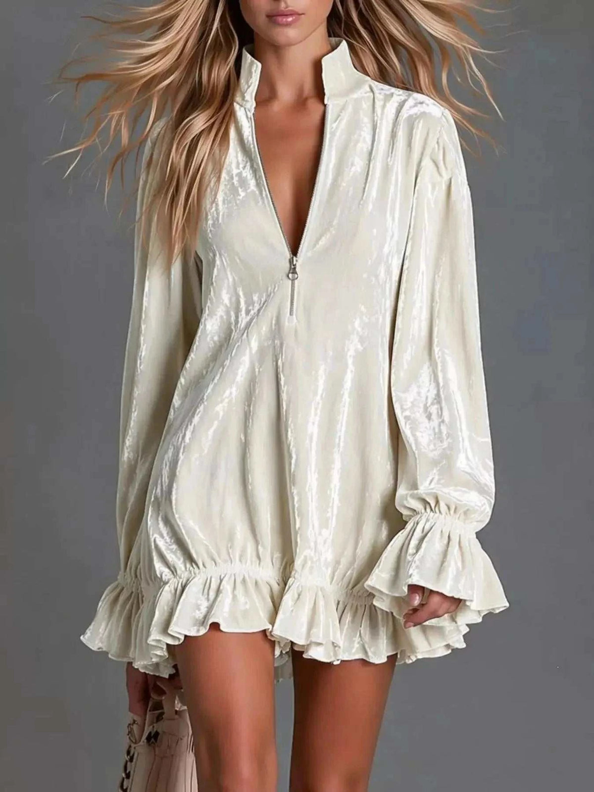 Full Size Zip-Front Ruffle Hem Mini Dress in ivory glossy fabric with balloon sleeves and ruffled cuffs