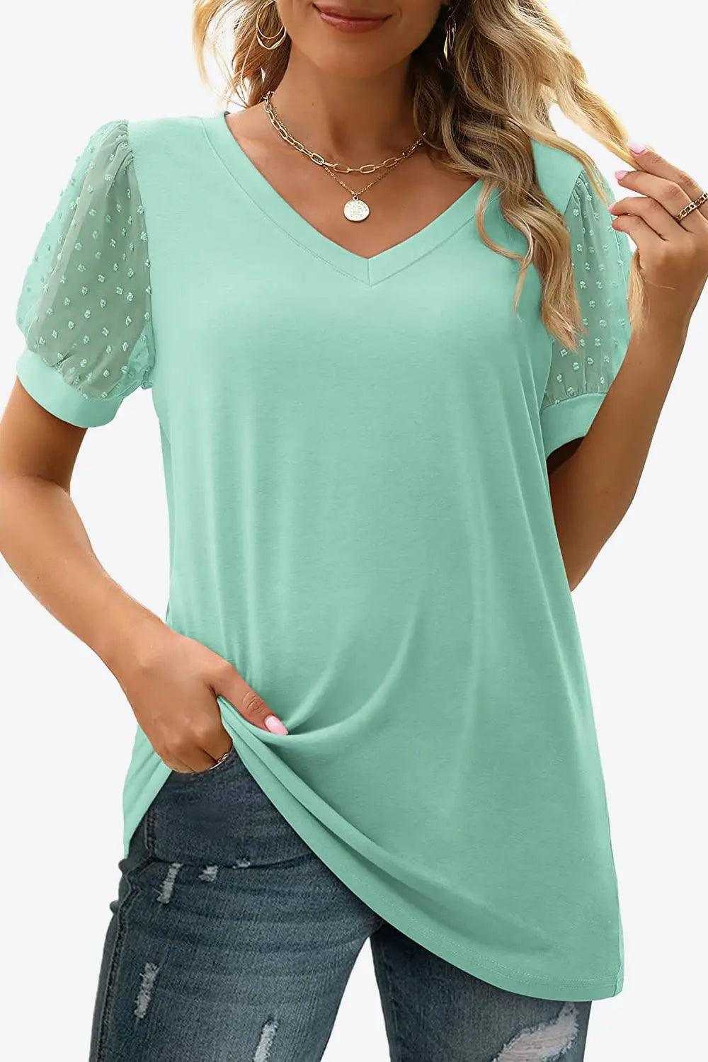 Swiss Dot Puff Sleeve V-Neck Tee Luxe Curves Plus Size Fashion