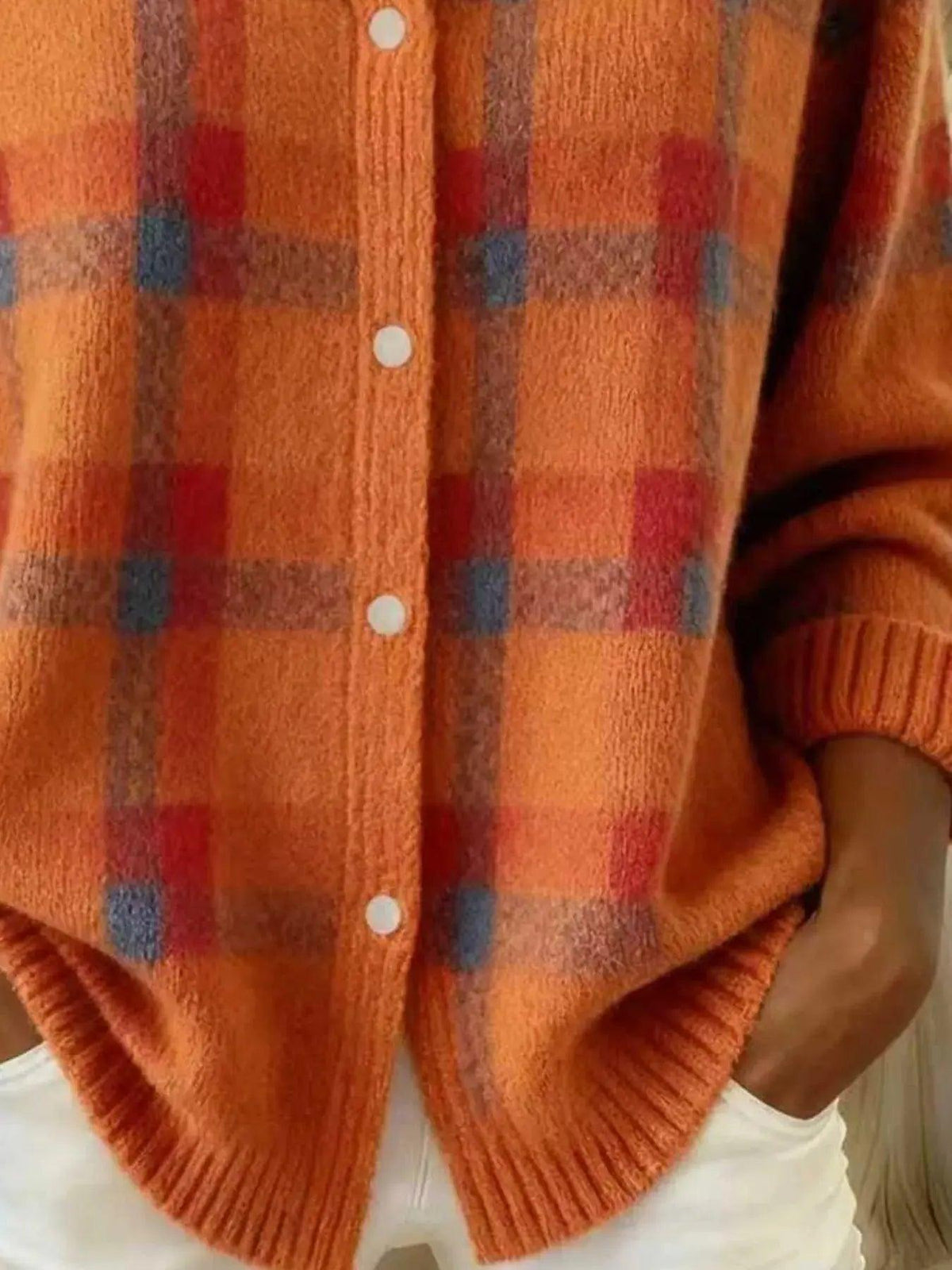 Full Size Plaid Button-Down Knit Cardigan Plus Size Luxe Curves Plus Size Fashion