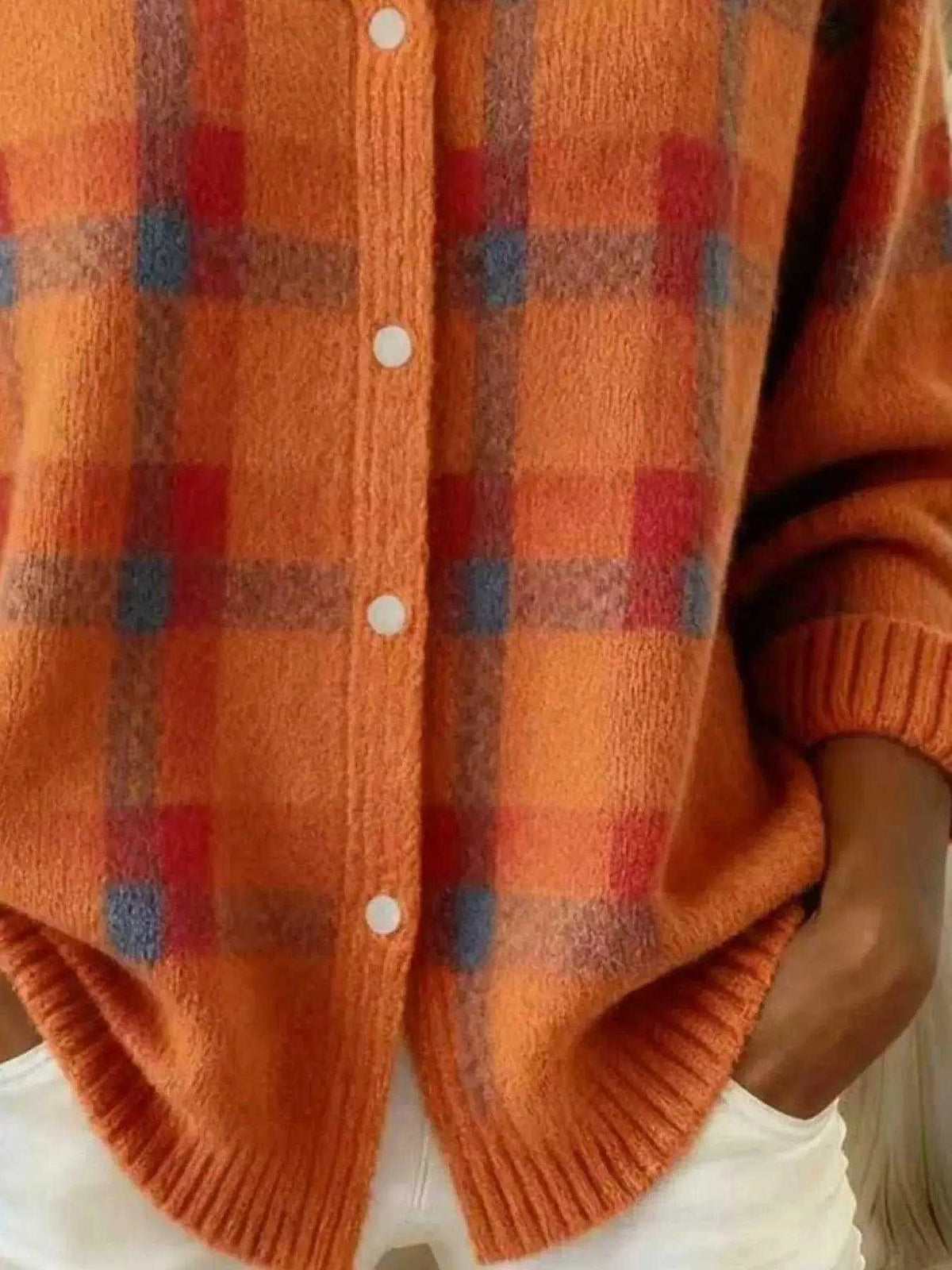 Full Size Plaid Button-Down Knit Cardigan Plus Size Luxe Curves Plus Size Fashion