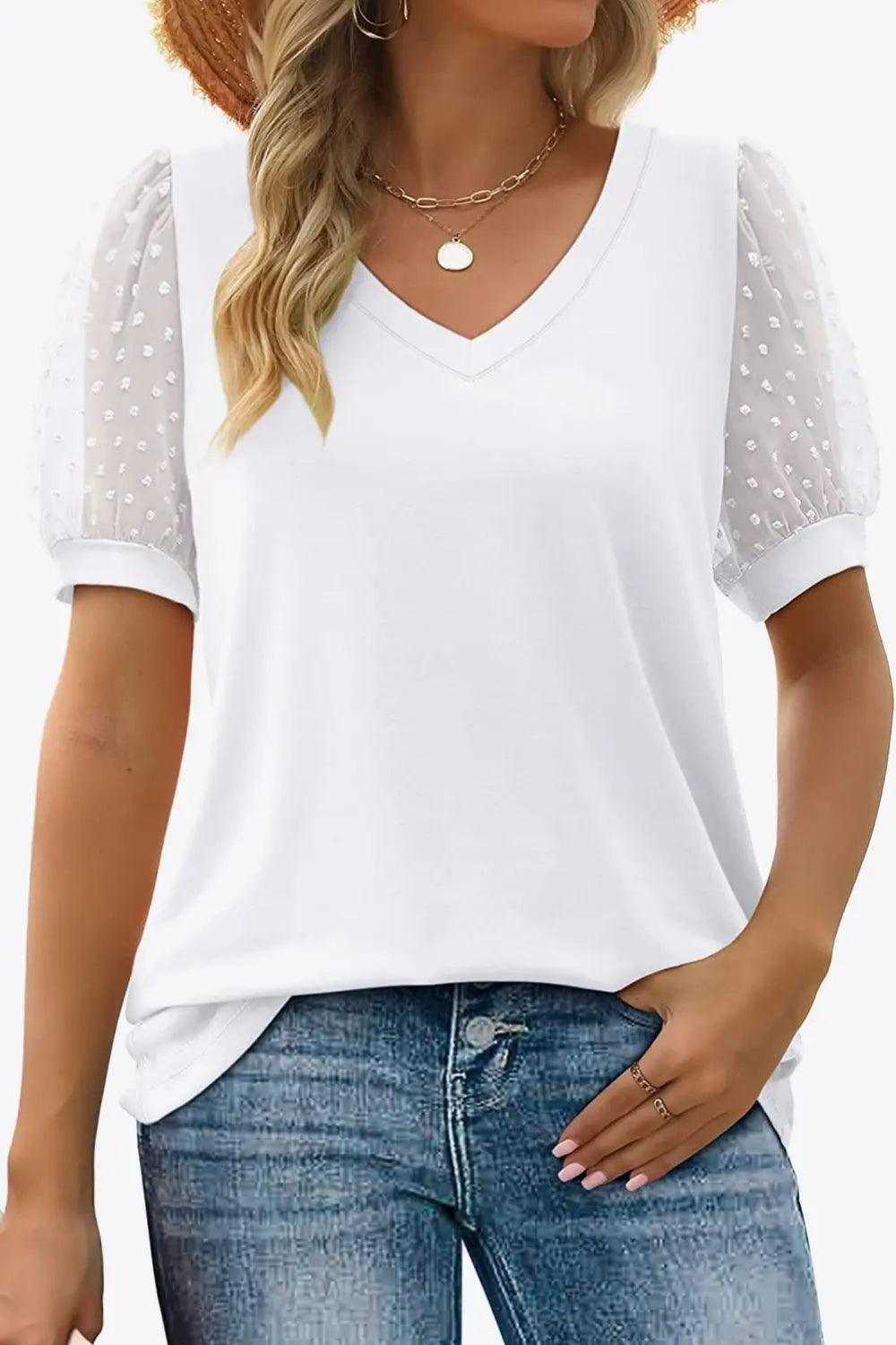 Swiss Dot Puff Sleeve V-Neck Tee Luxe Curves Plus Size Fashion