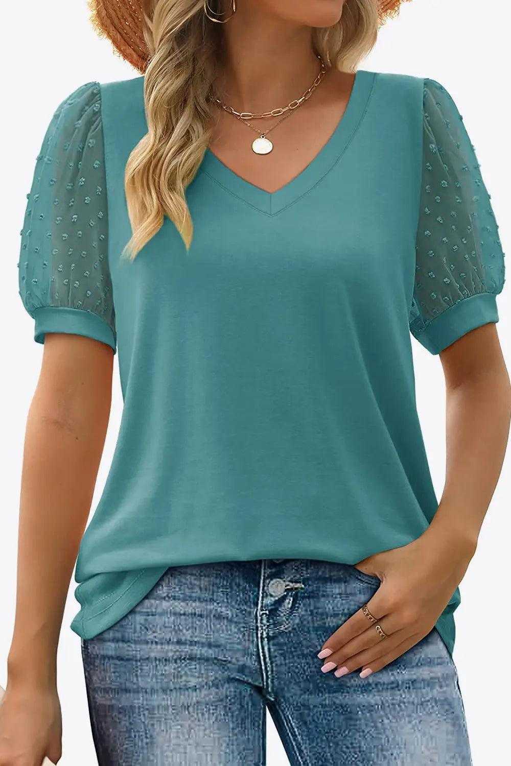Swiss Dot Puff Sleeve V-Neck Tee Luxe Curves Plus Size Fashion