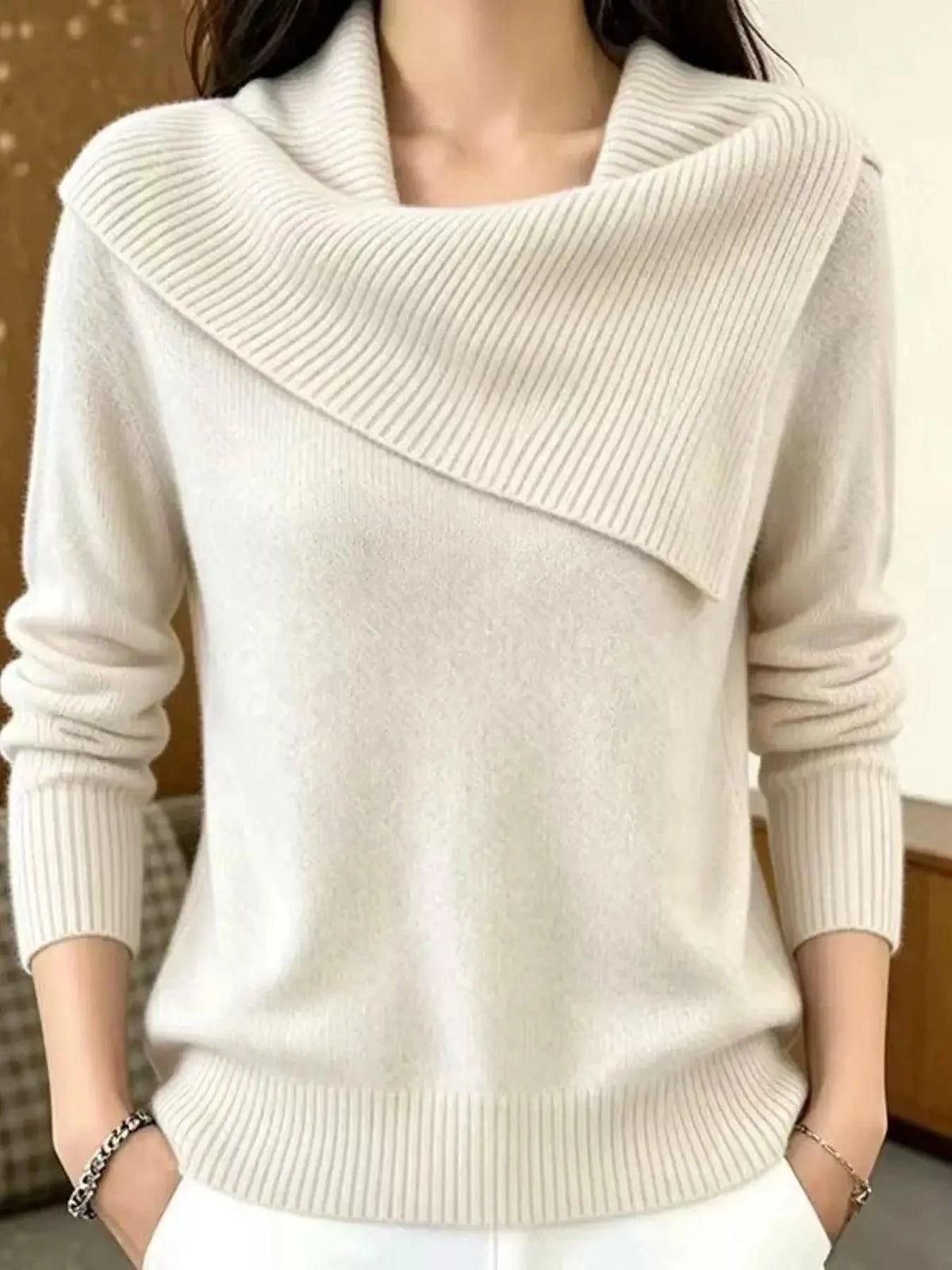 Full Size Asymmetric Ribbed Collar Sweater in cream, soft knit with an oversized draped collar and ribbed cuffs
