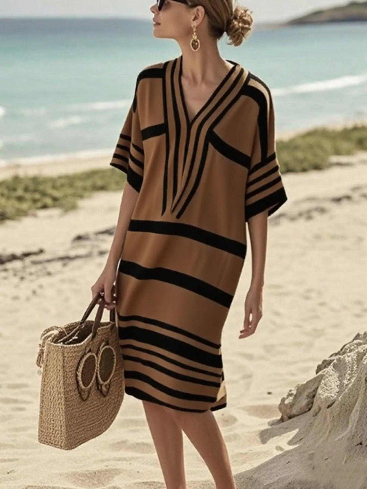 Full Size Striped Half Sleeve Midi Dress Plus Size Luxe Curves Plus Size Fashion