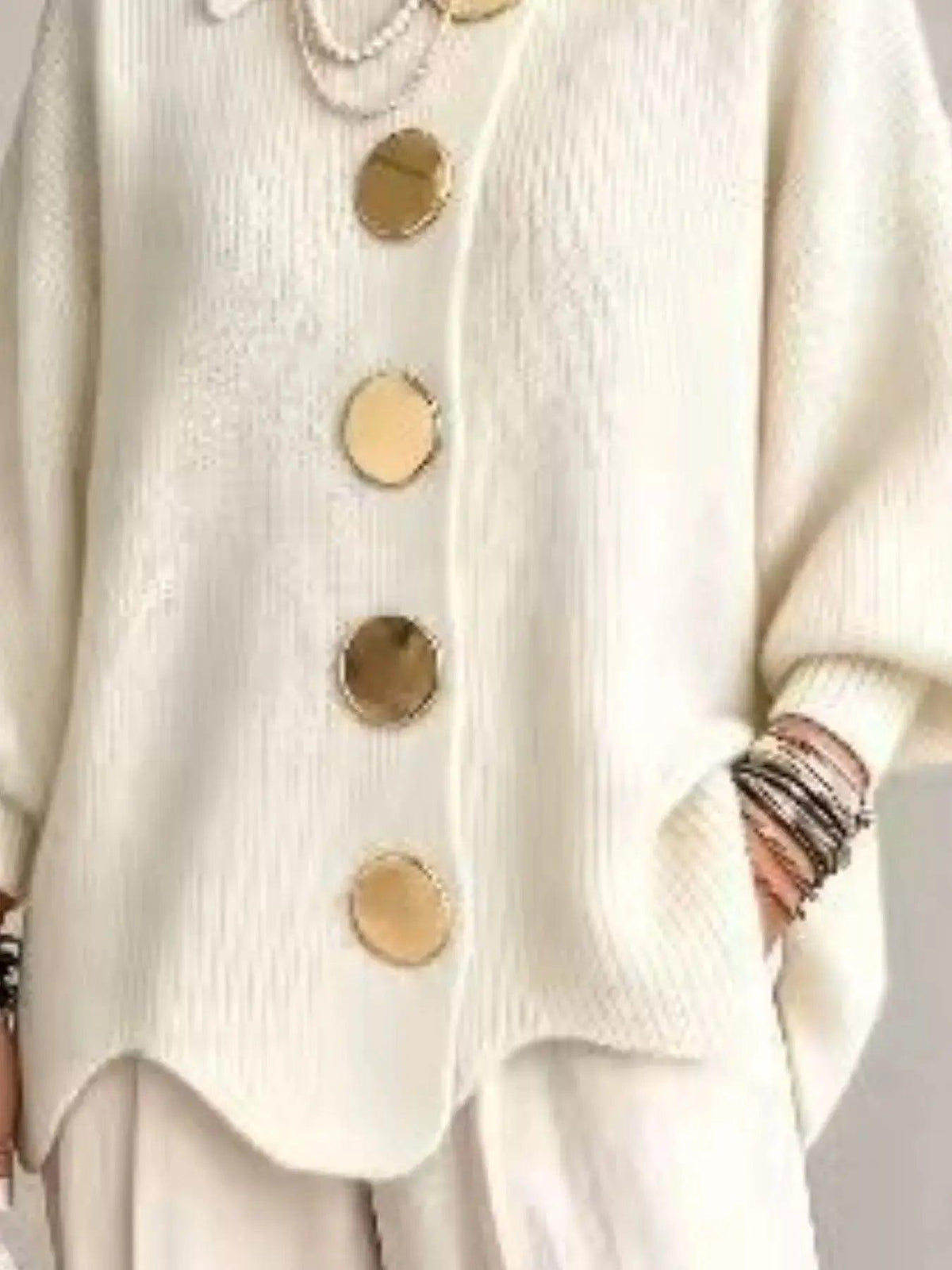 Full Size Gold Buttons Lantern Sleeve Cardigan Plus Size Luxe Curves Plus Size Fashion