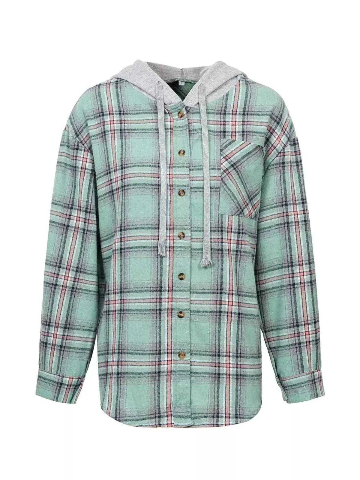 Plaid Button-Up Hooded Shirt with Chest Pocket Luxe Curves Plus Size Fashion