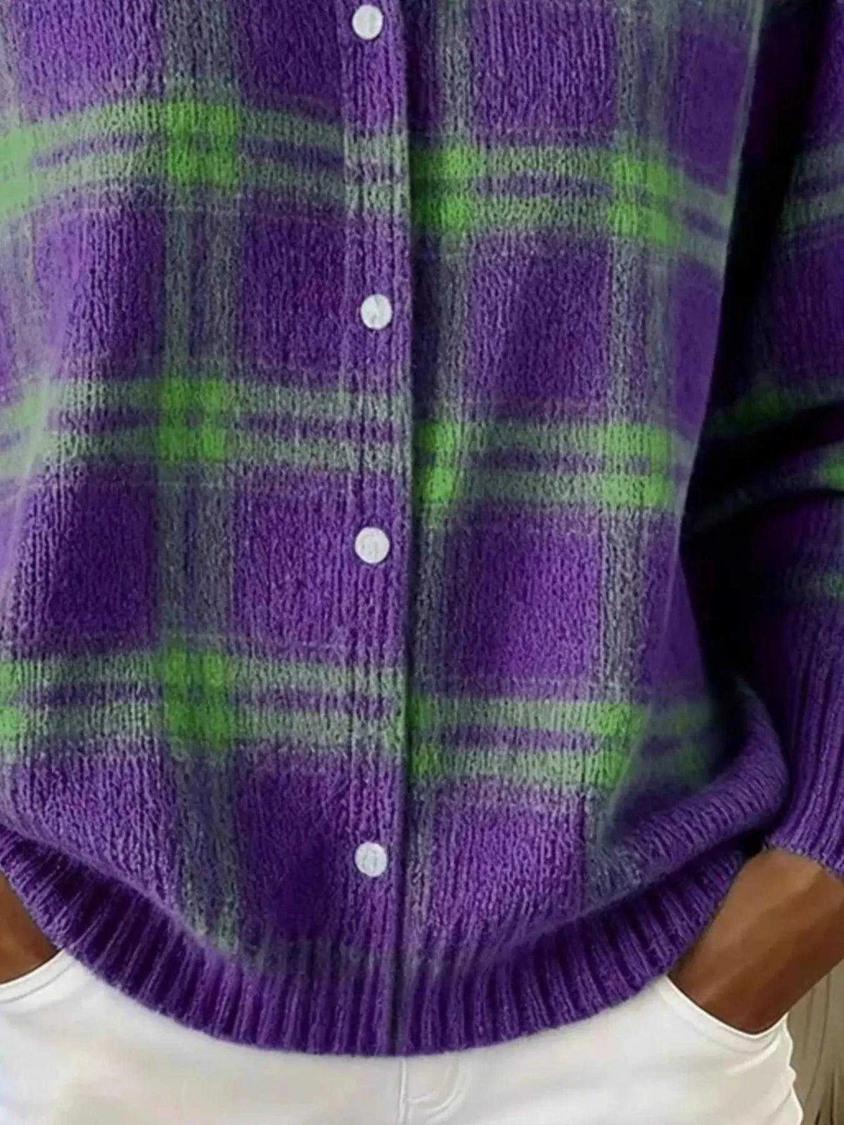 Full Size Plaid Button-Down Knit Cardigan Plus Size Luxe Curves Plus Size Fashion