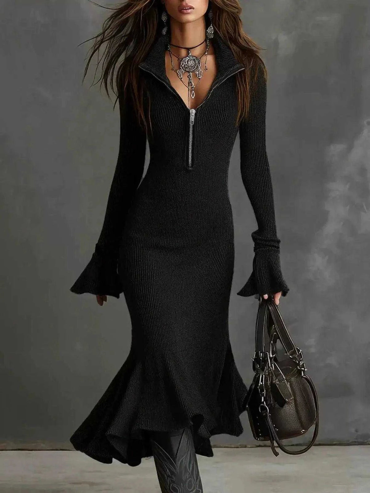 Full Size Quarter-Zip Mermaid Hem Knit Dress Plus Size Luxe Curves Plus Size Fashion