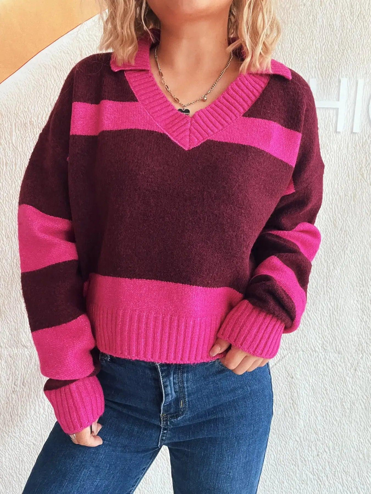 Color Block Long Sleeve Sweater Luxe Curves Plus Size Fashion