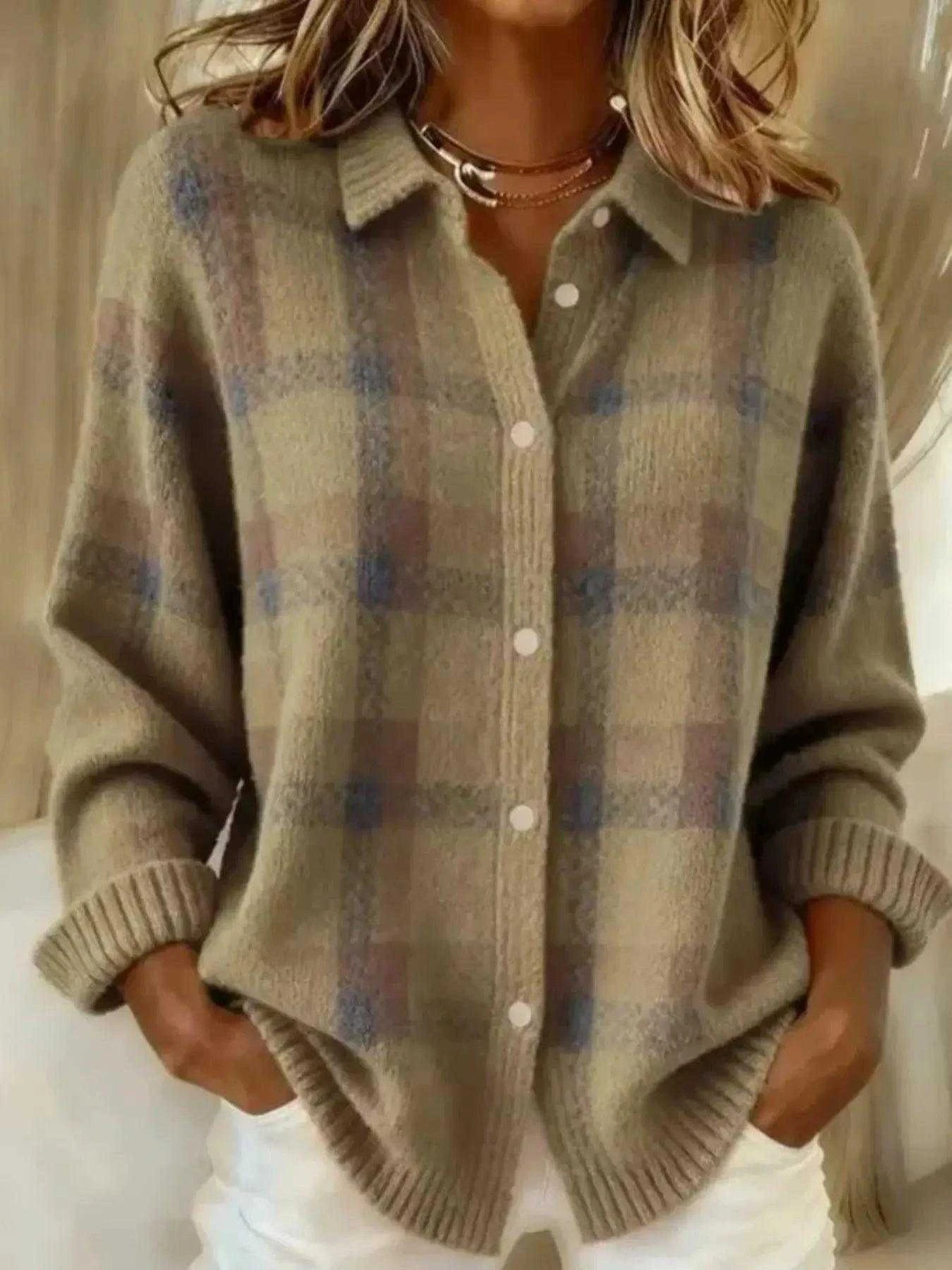 Full Size Plaid Button-Down Knit Cardigan Plus Size Luxe Curves Plus Size Fashion