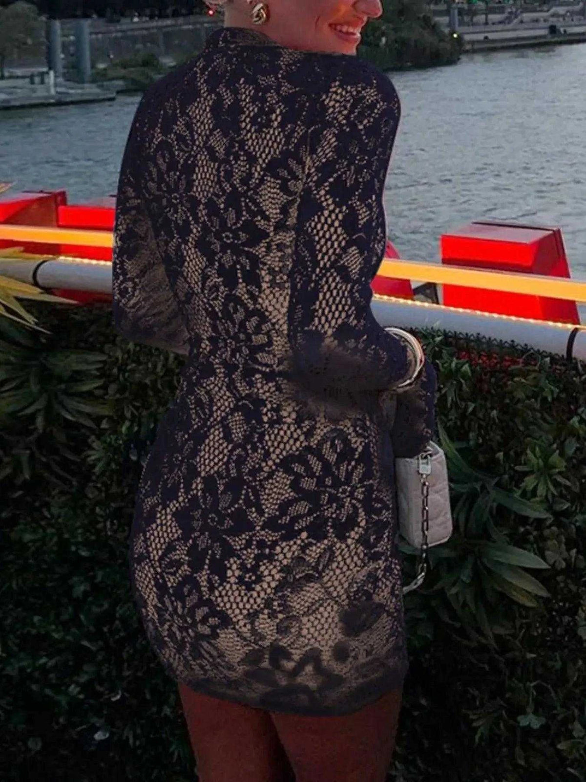 Lace Cutout Long Sleeve Mini Dress Luxe Curves Plus Size Fashion