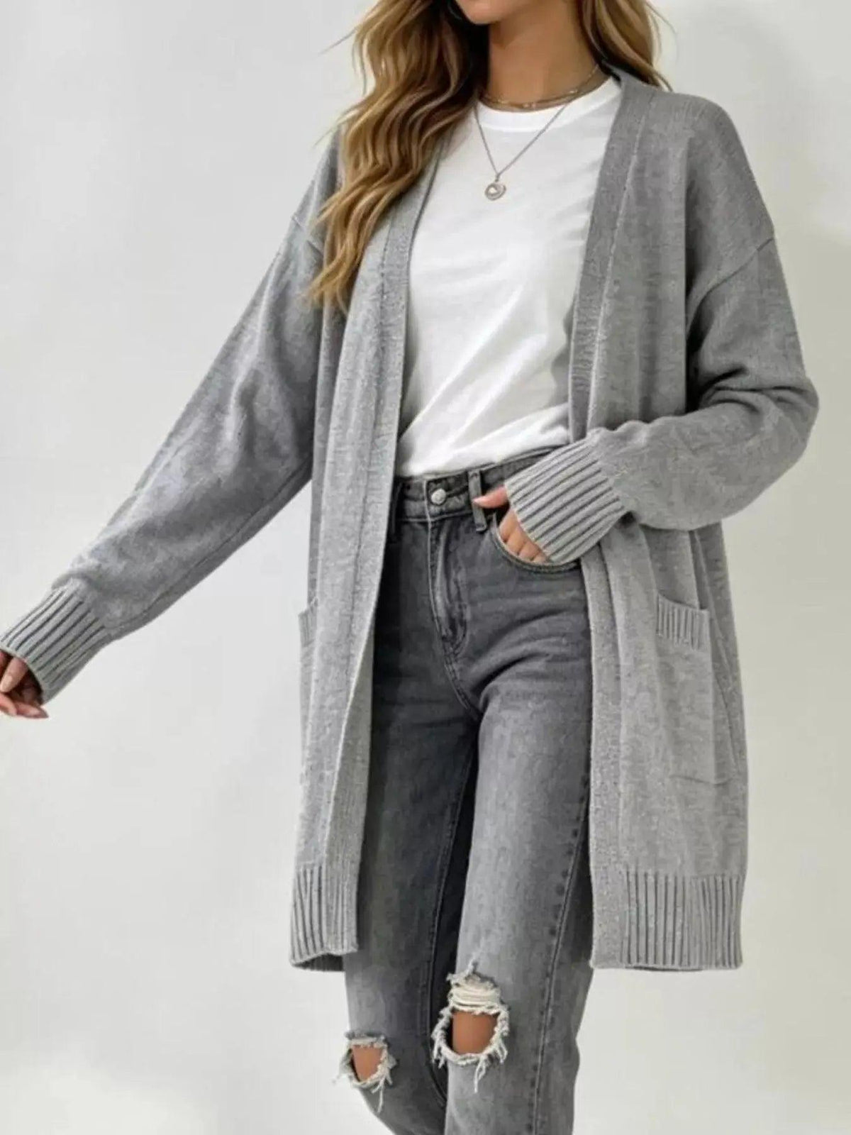 Full Size Open-Front Longline Knit Cardigan Plus Size Luxe Curves Plus Size Fashion