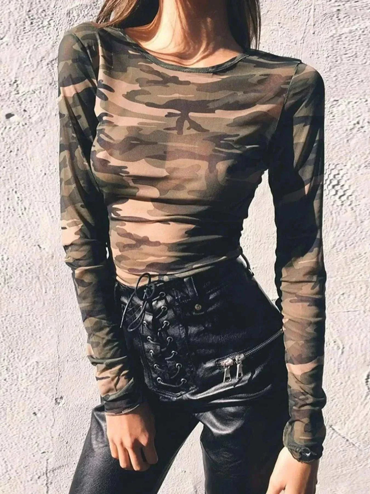 Camouflage Mesh Long Sleeve T-Shirt in sheer brown and green camouflage polyester with a fitted silhouette